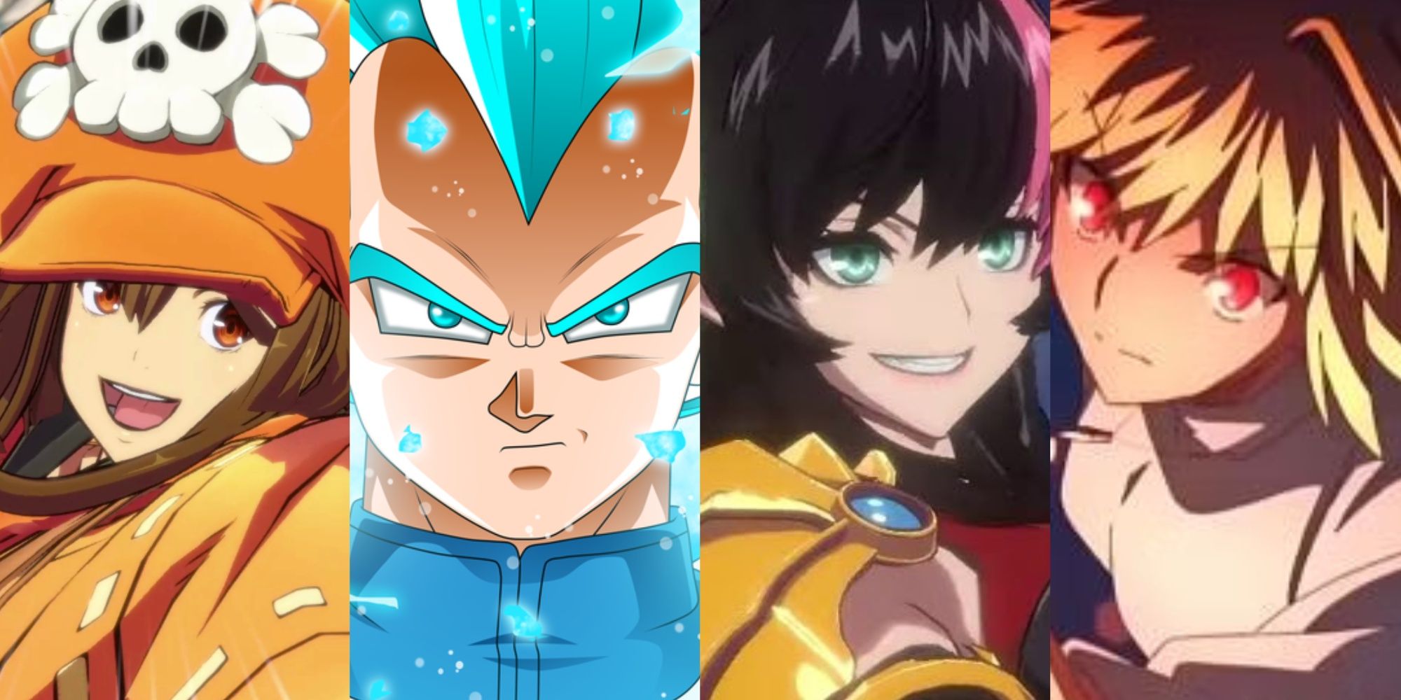 [From Left to Right] A collage of images showcasing May from Guilty Gear Strive, Vegeta from Dragon Ball FighterZ, Dragon Knight from DNF Duel, and Red Arcueid from Melty Blood: Type Lumina