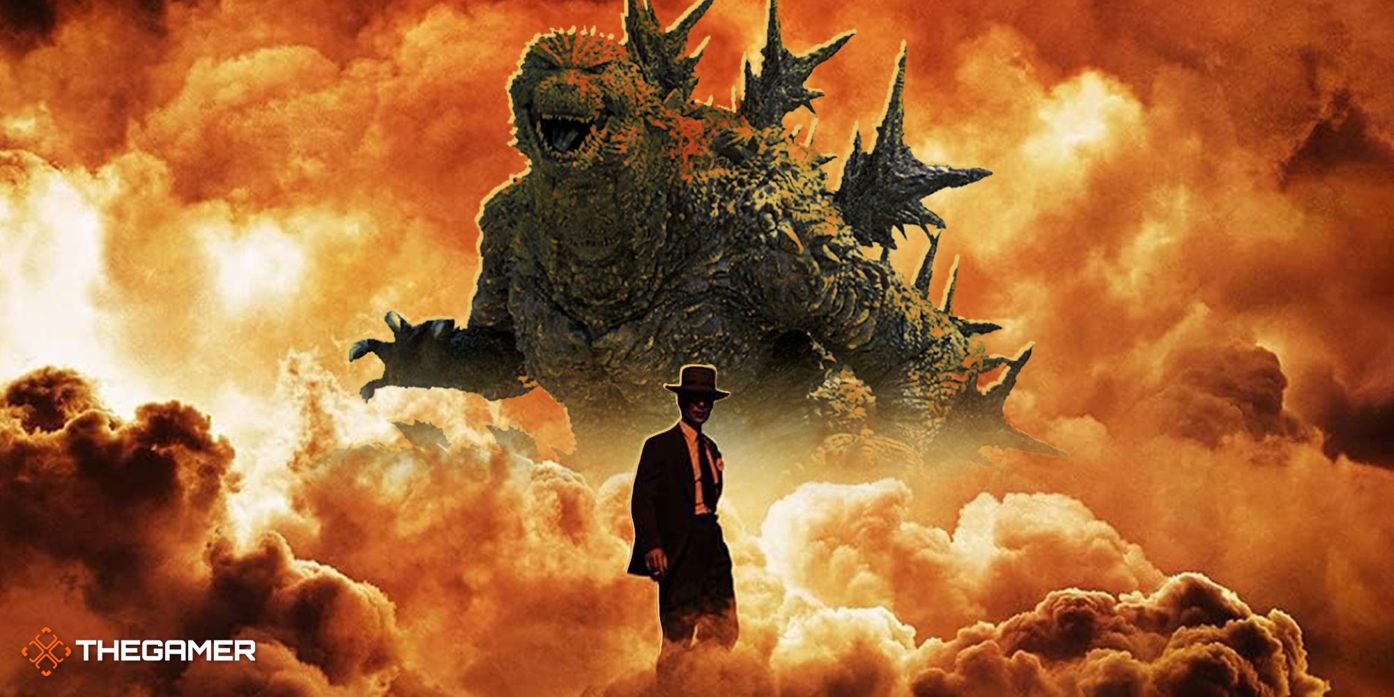Godzilla from Minus One and Oppenheimer standing amid orange clouds
