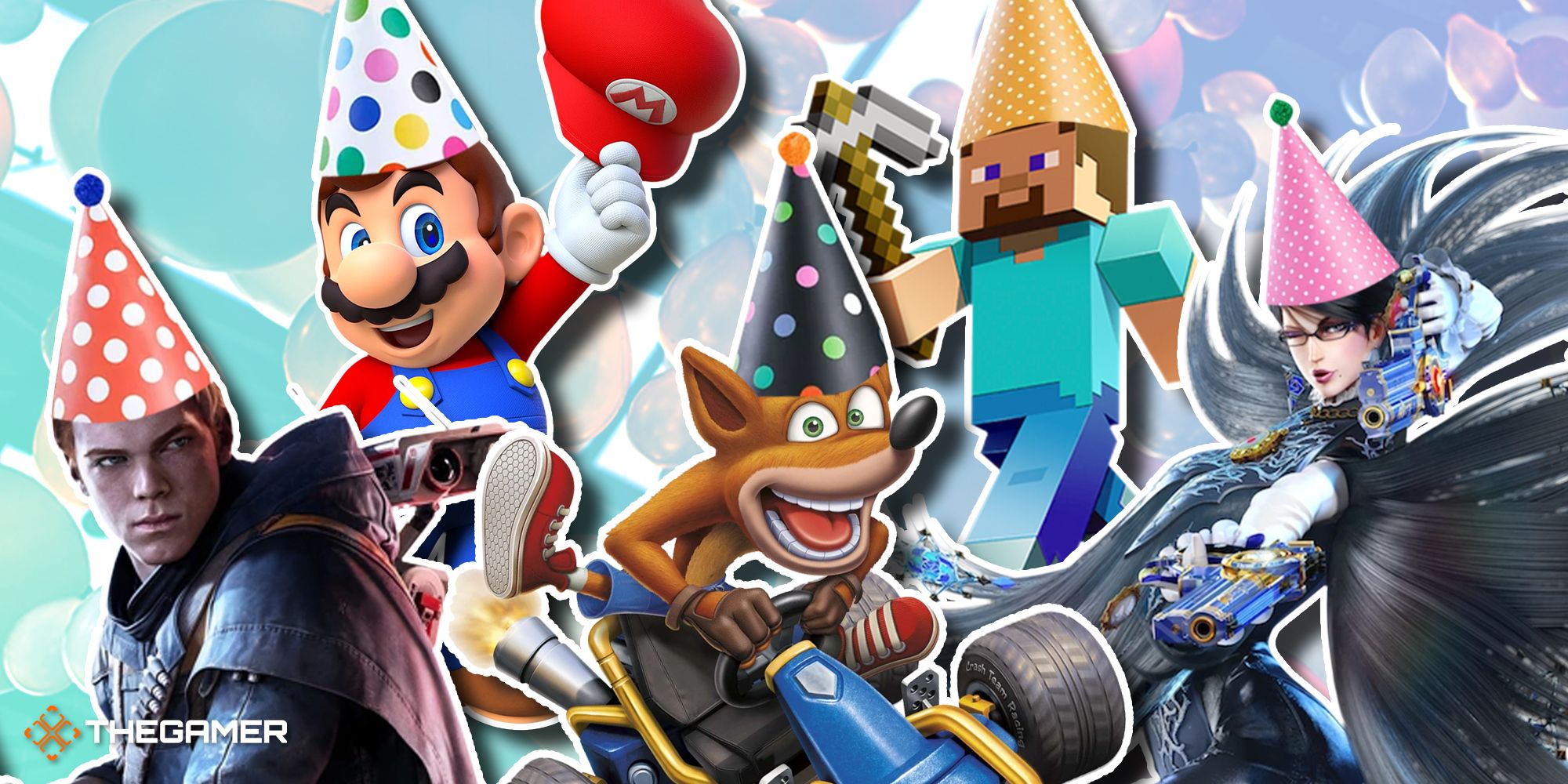 Minecraft Steve, Cal Kestis, Bayonetta, Paper Mario, and Crash Team Racing Crash in party hats
