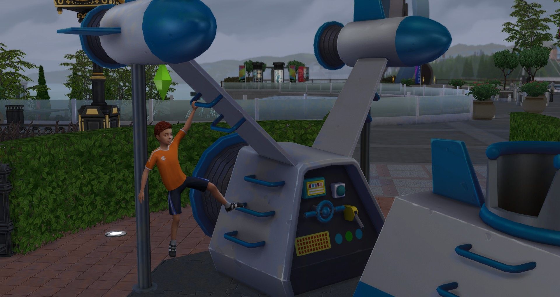 a boy playing on the spaceship playground equipment in windenburg the sims 4 child skills motor
