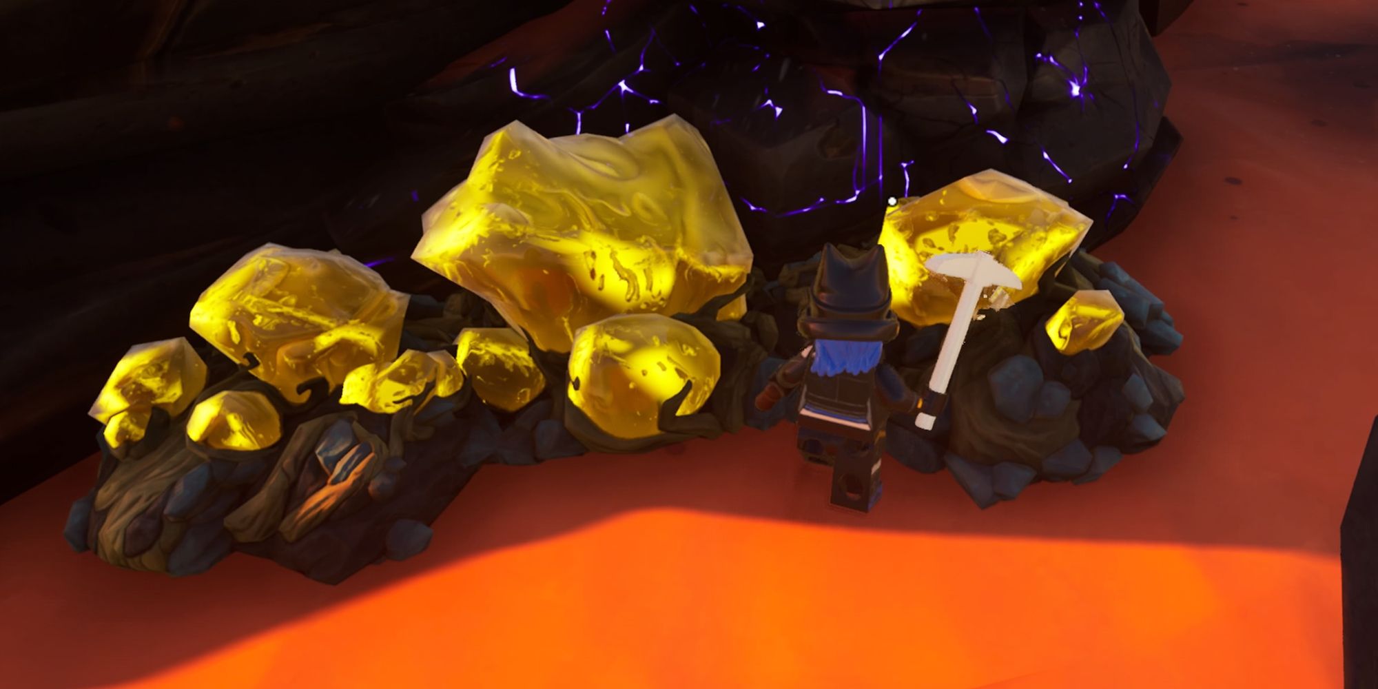 A character mining rough amber in Lego Fortnite.