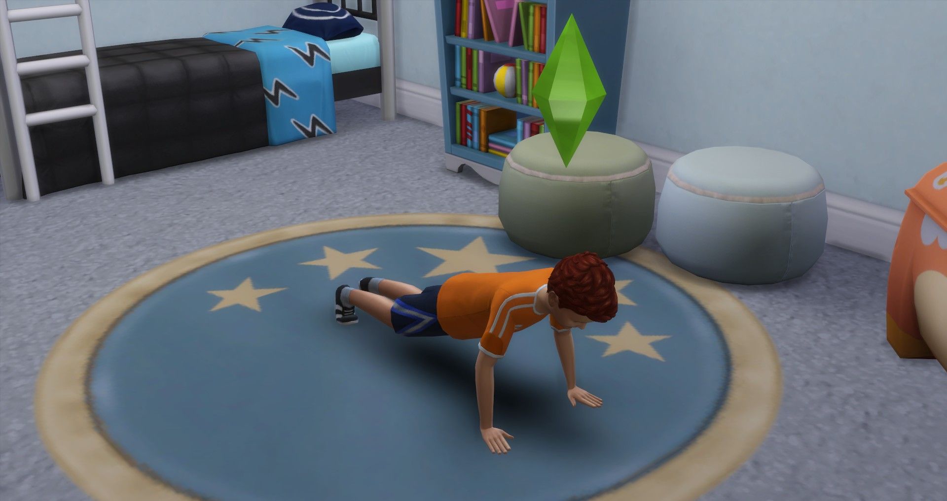 a child sim doing a pushup indoors the sims 4 motor skills