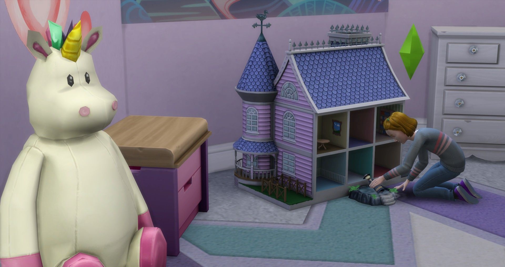 a child sim playing with a dollhouse with a toyboy and stuffed animal in the frame the sims 4 child skill creativity