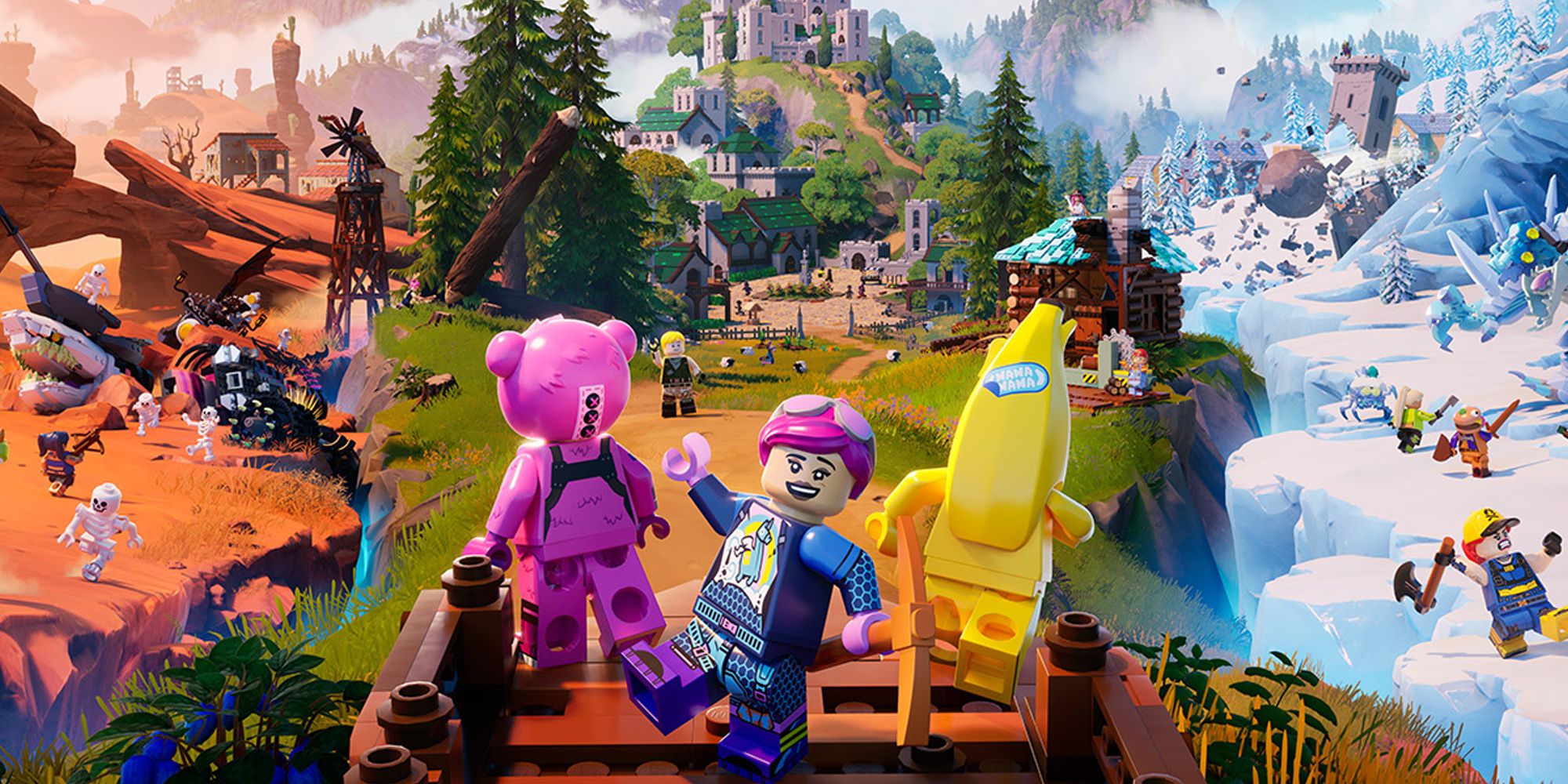 A cropped version of the Lego Fortnite key artwork that shows three characters in the foreground against a background of the three different biome types.