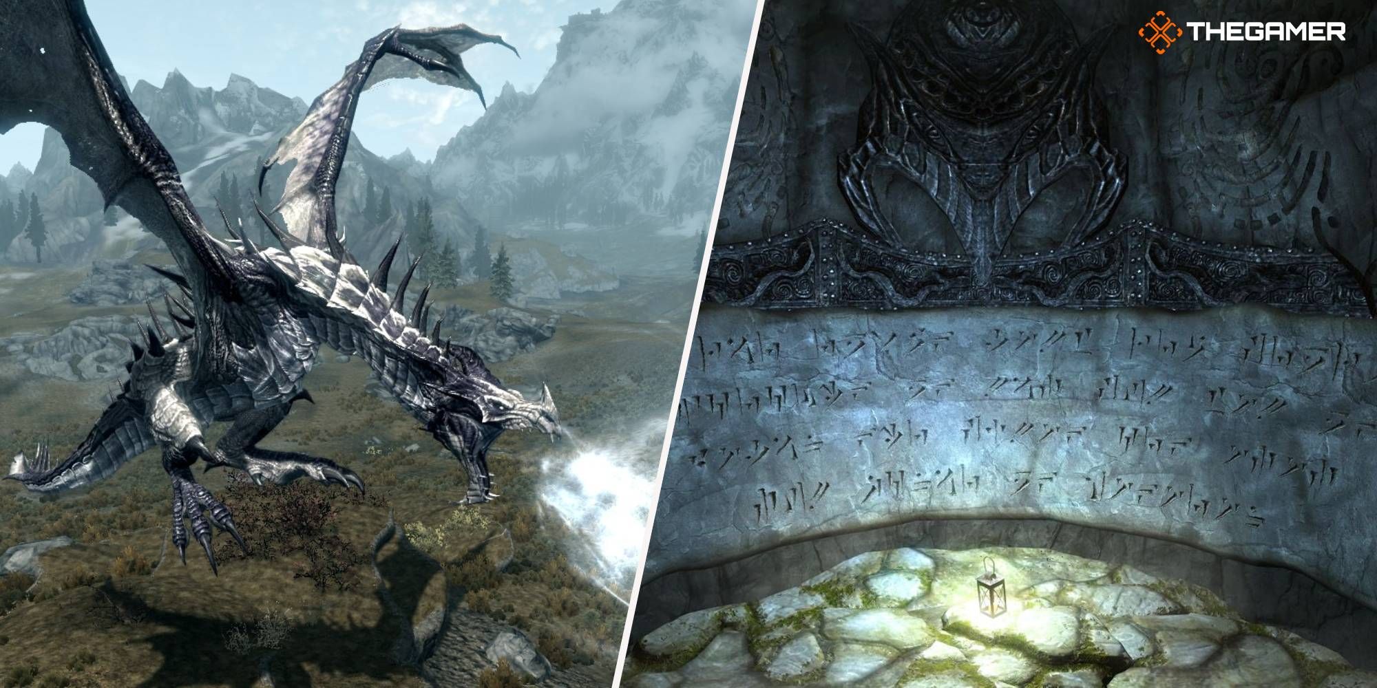 A dragon breathing frost above a lair and a Word Wall in Skyrim
