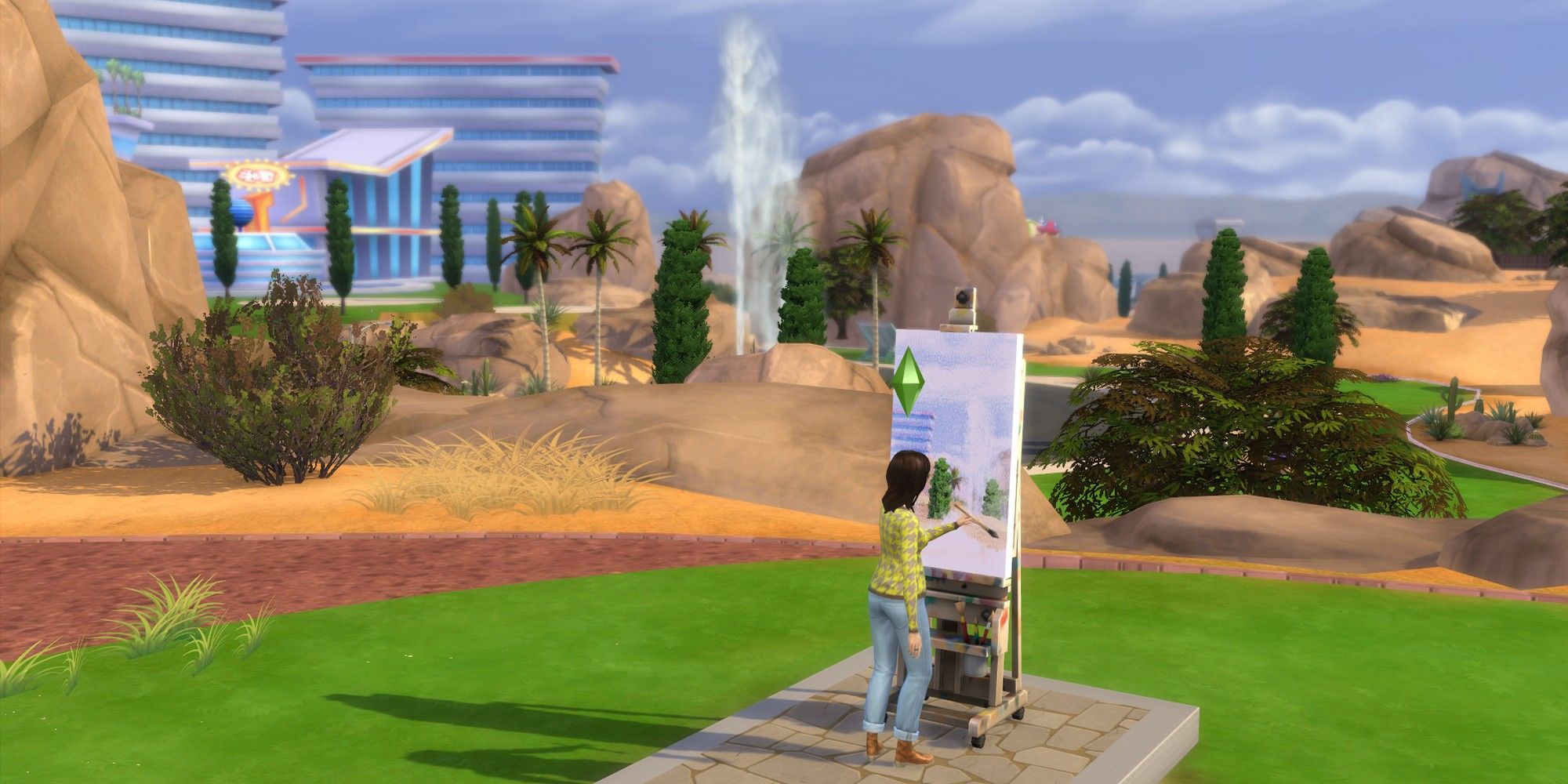 Eine weibliche Sim, die draußen in Oasis Springs malt – der Sims 4-Malfähigkeitsführer