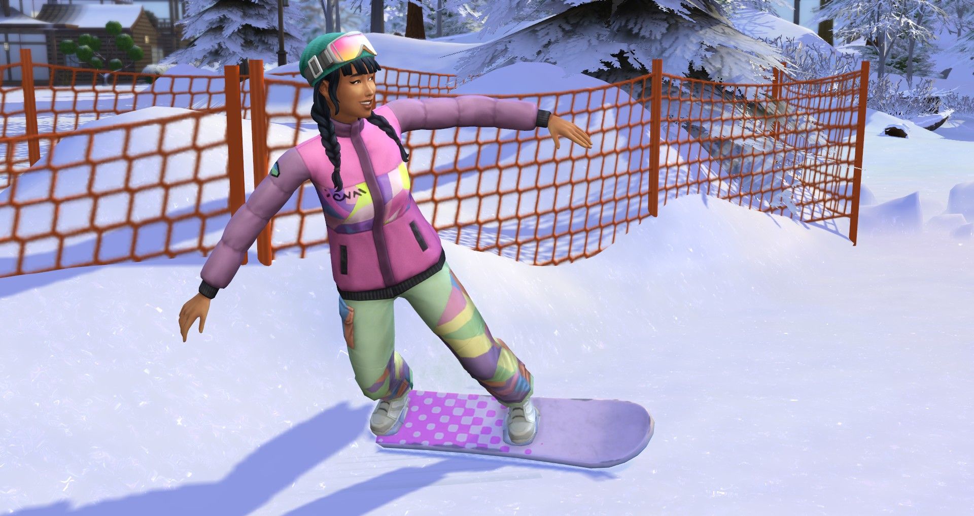 a female sim snowboarding in mt. komorebi the sims 4 snowboarding skill