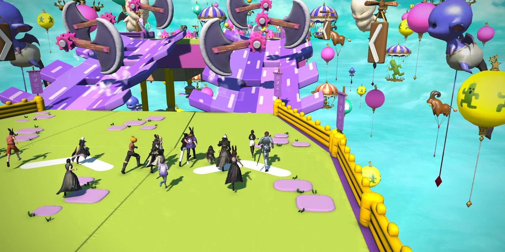 A group of players running towards the Fall Guys event stage in Final Fantasy 14.