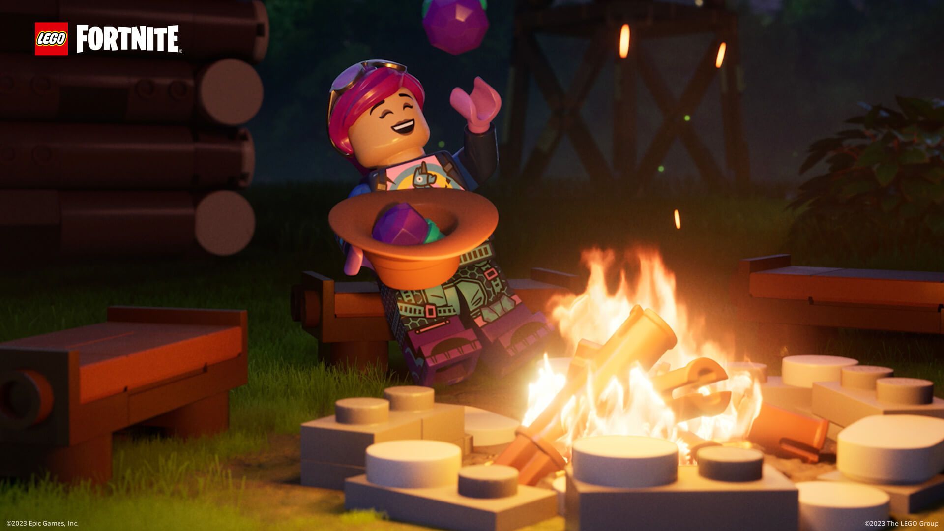 A Lego Fortnite character sitting and eating a bowl of fruit.