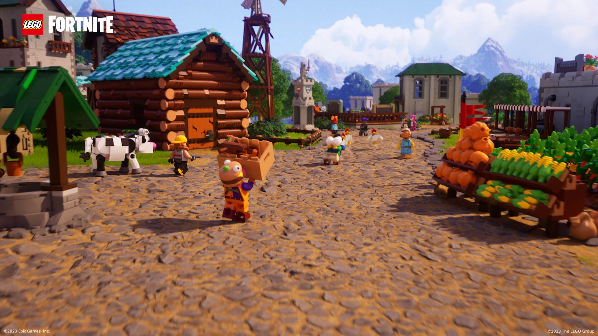 A Lego Fortnite village with a cow, people, and chickens.