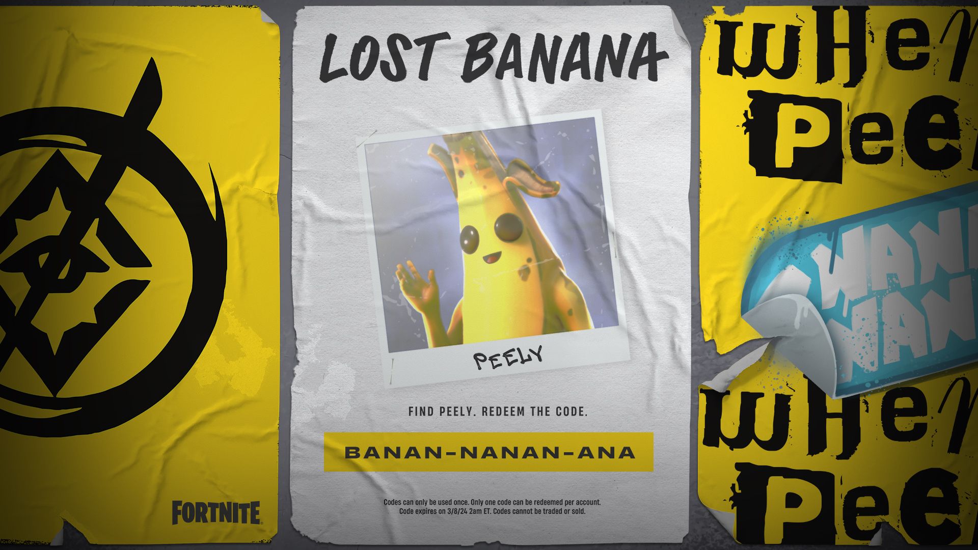 A lost banana missing poster with a redemption code on it, featuring Peely from Fortnite.