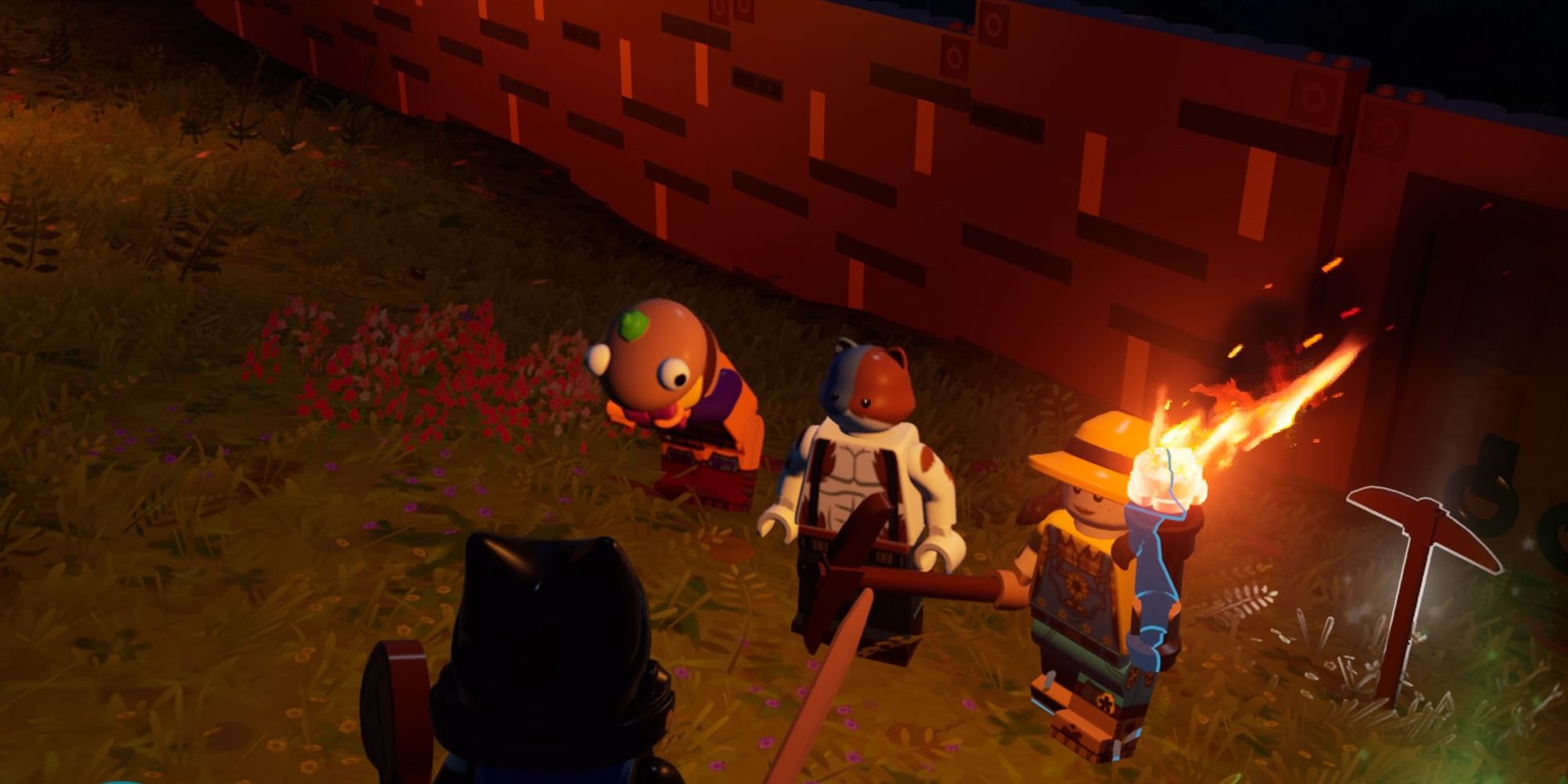 A player looking at three Fortnite characters in Lego Fortnite.