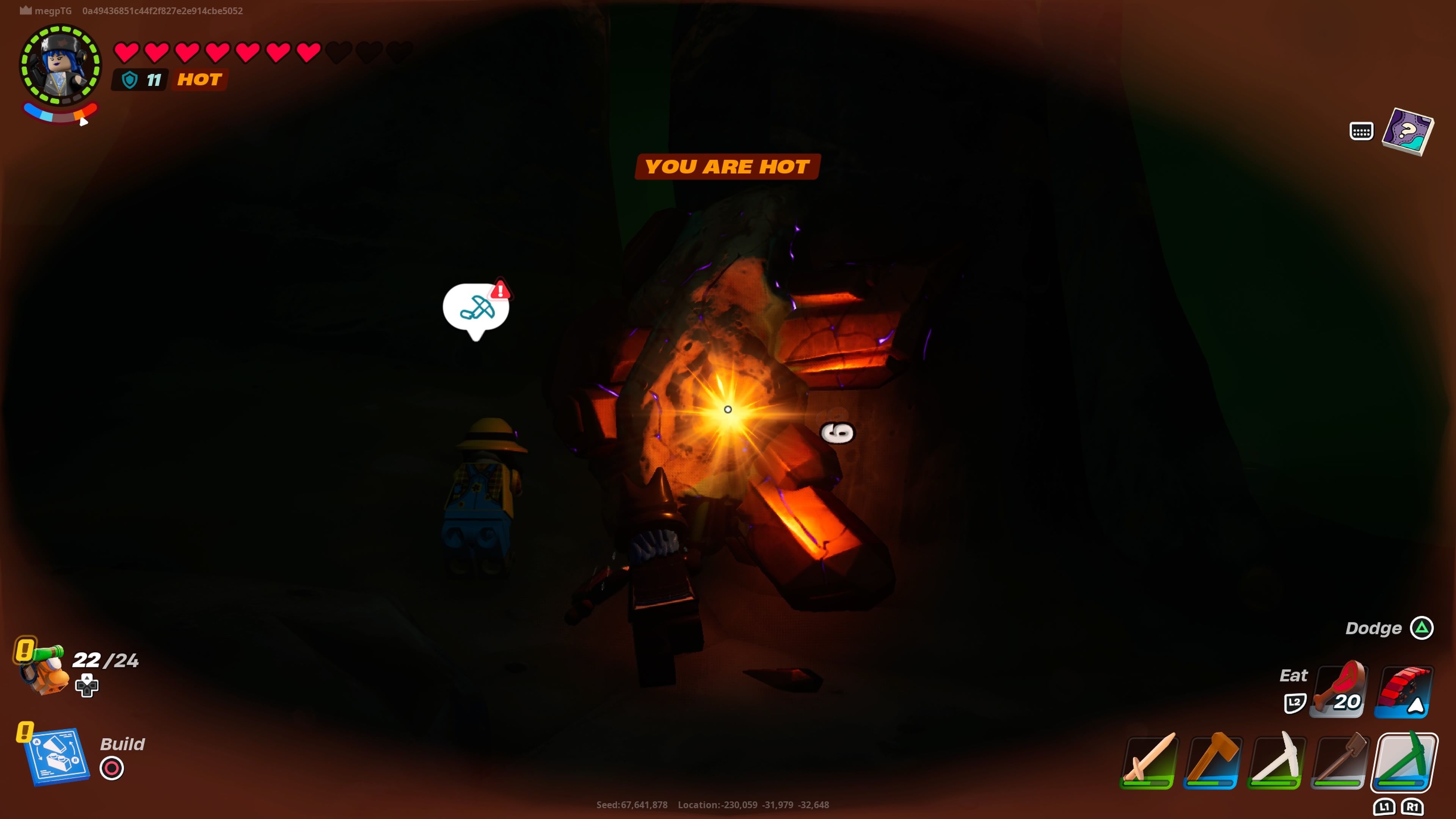 A player mining copper in a Lava Cave in Lego Fortnite.