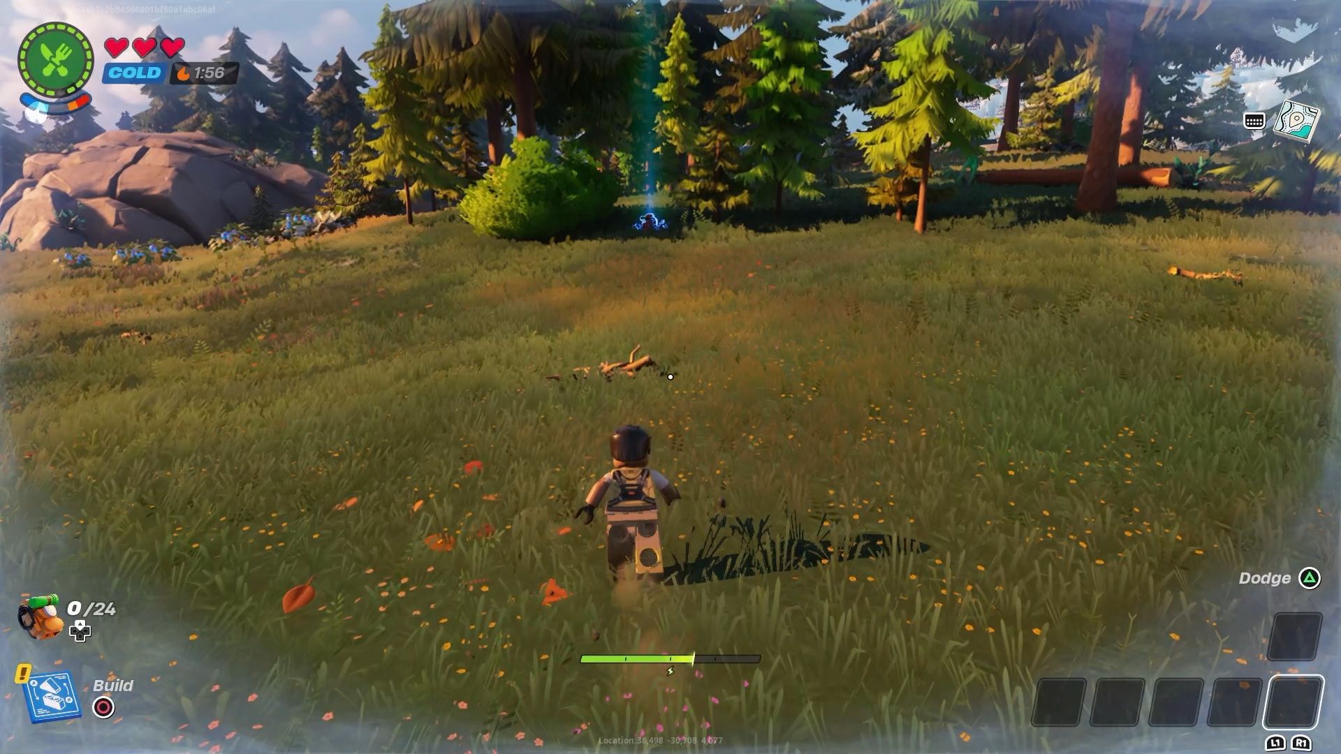 A player running towards a backpack in Lego Fortnite.