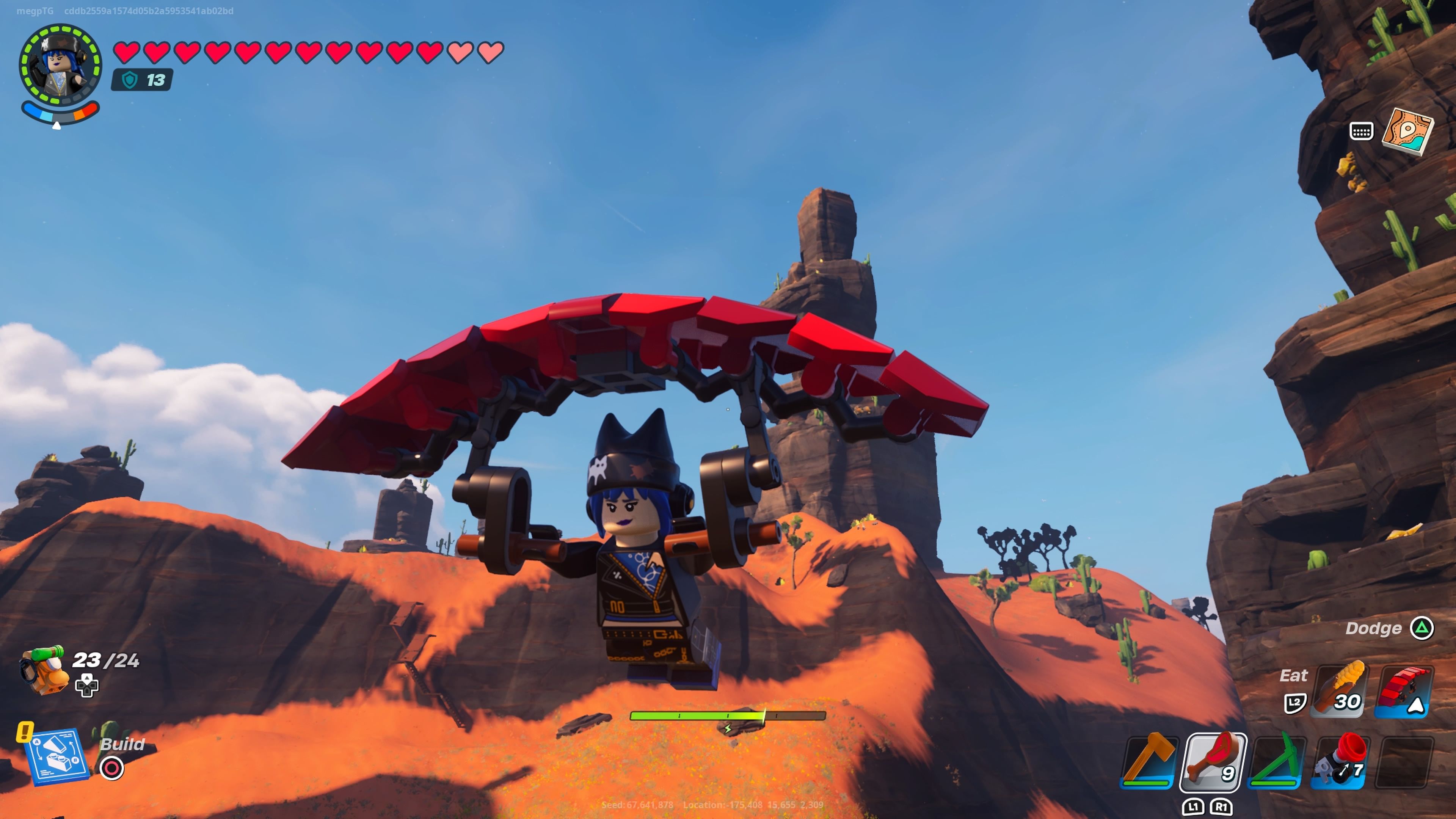 A player using a glider to travel over the Dry Valley in Lego Fortnite.-1
