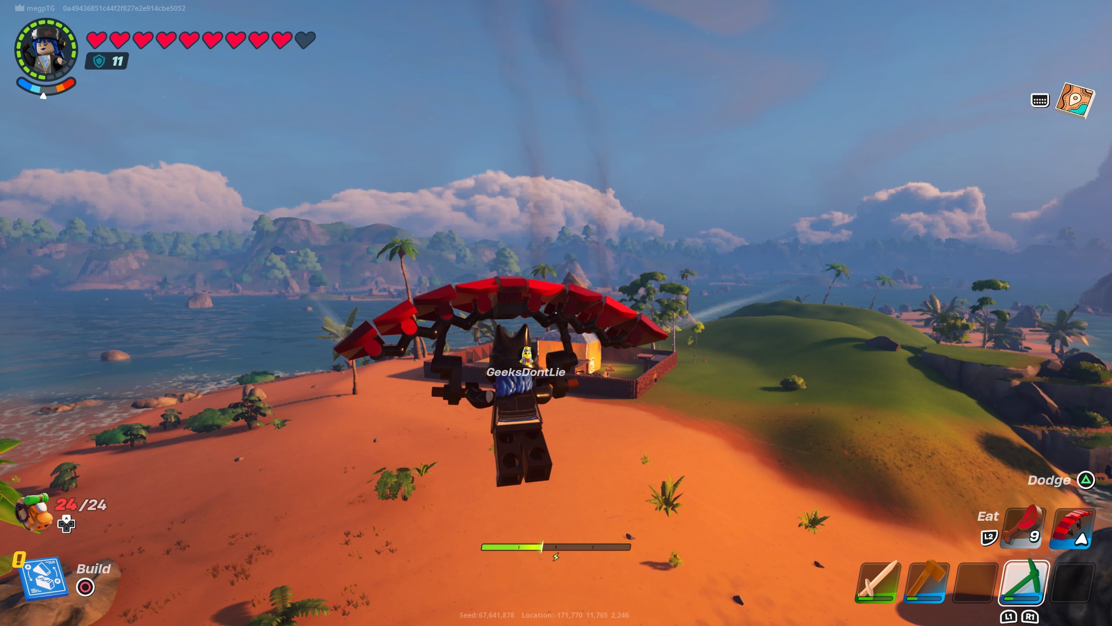 A player using a glider to travel over the Dry Valley in Lego Fortnite.
