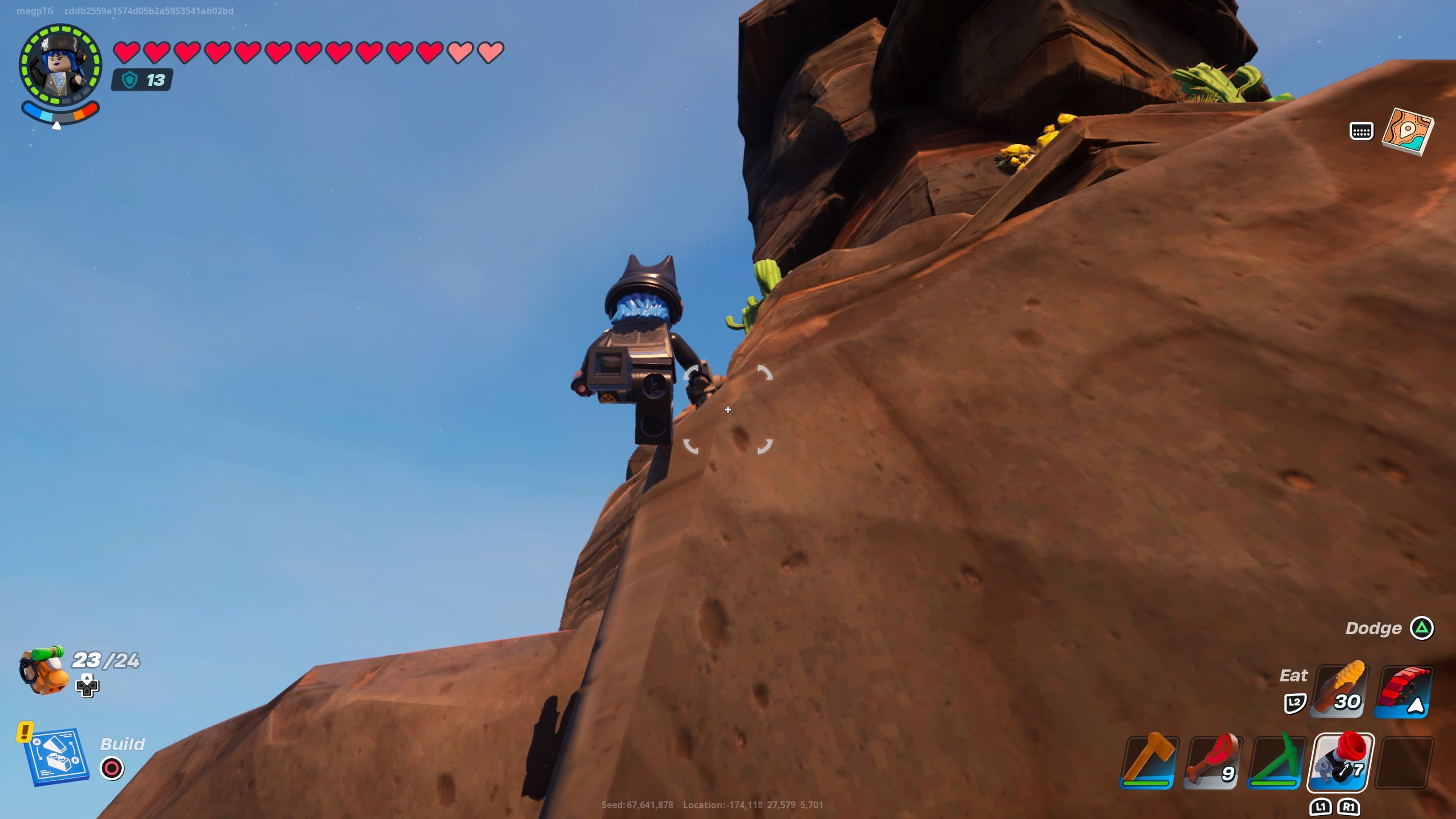 A player using a grappler in Lego Fortnite.