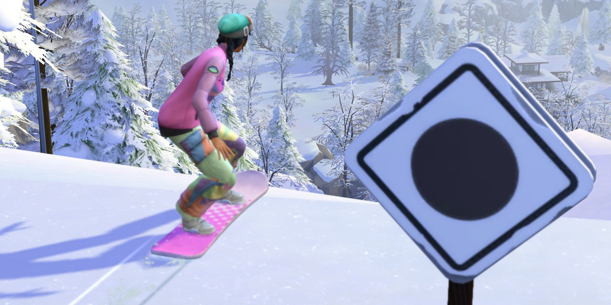 a sim about to go down the most difficult snowboarding hill the sims 4 snowy escape snowboarding skill