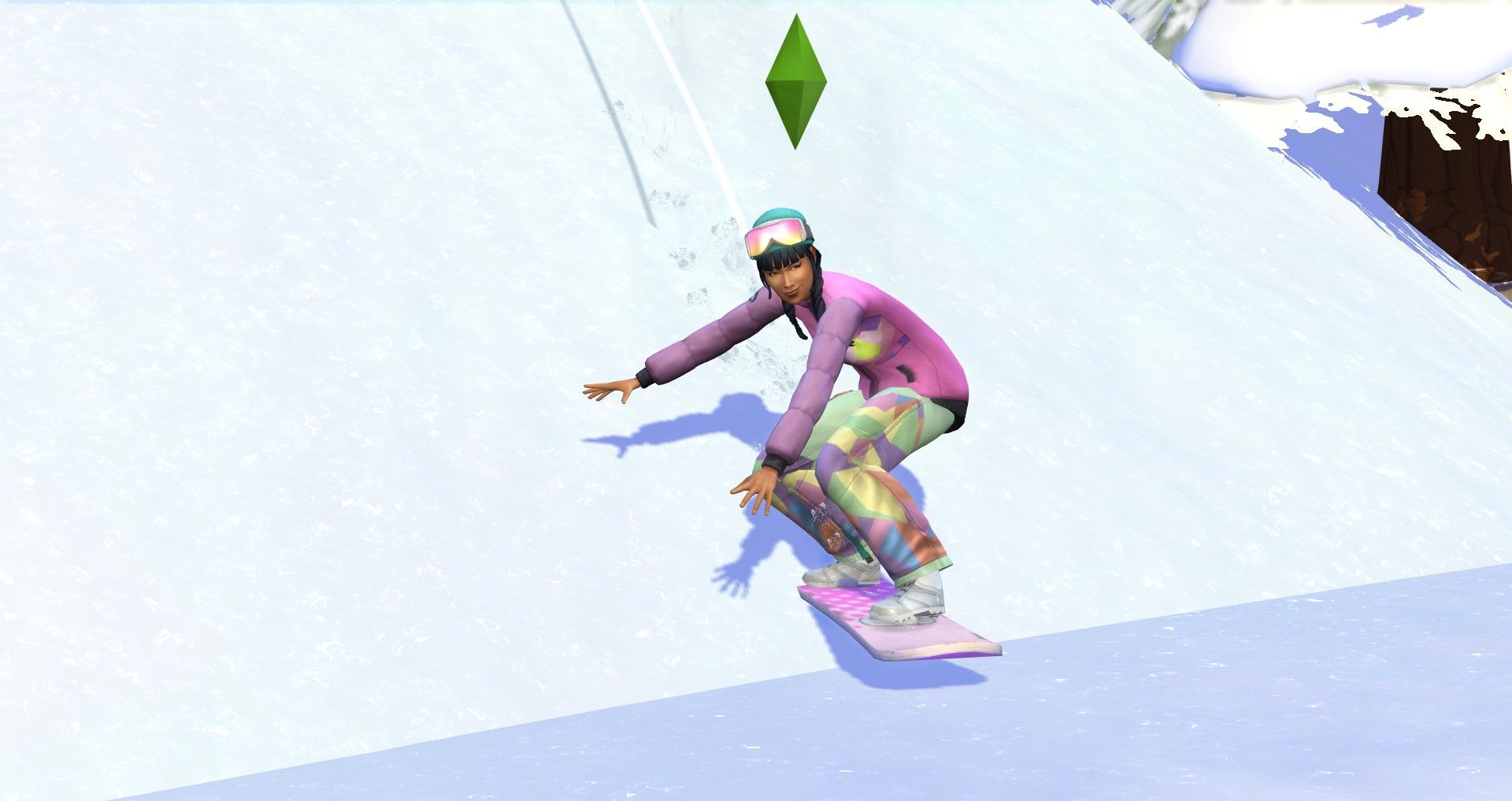 a sim about to hit a jump on the snowboarding hill in mt. komorebi the sims 4 snowy escape snowboarding skill