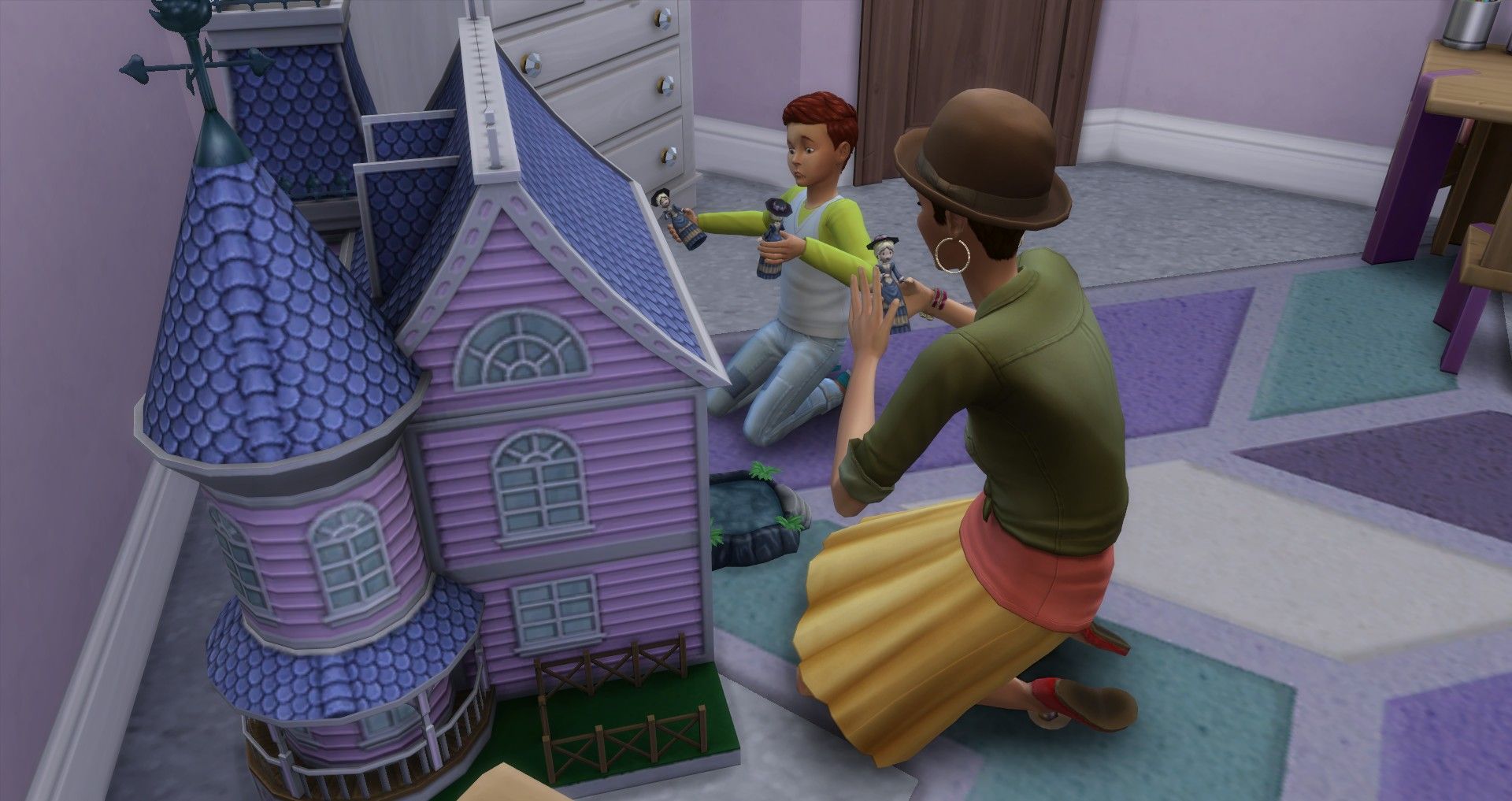 a sim and her child playing at the dollhouse the sims 4 parenthood parenting skill guide