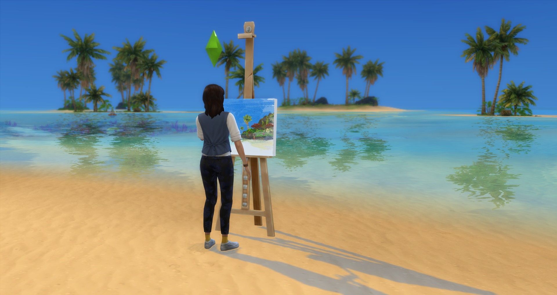 Ein Sim am Strand in Sulani malt ein Referenzbild, Sims 4 Maler der Extraklasse