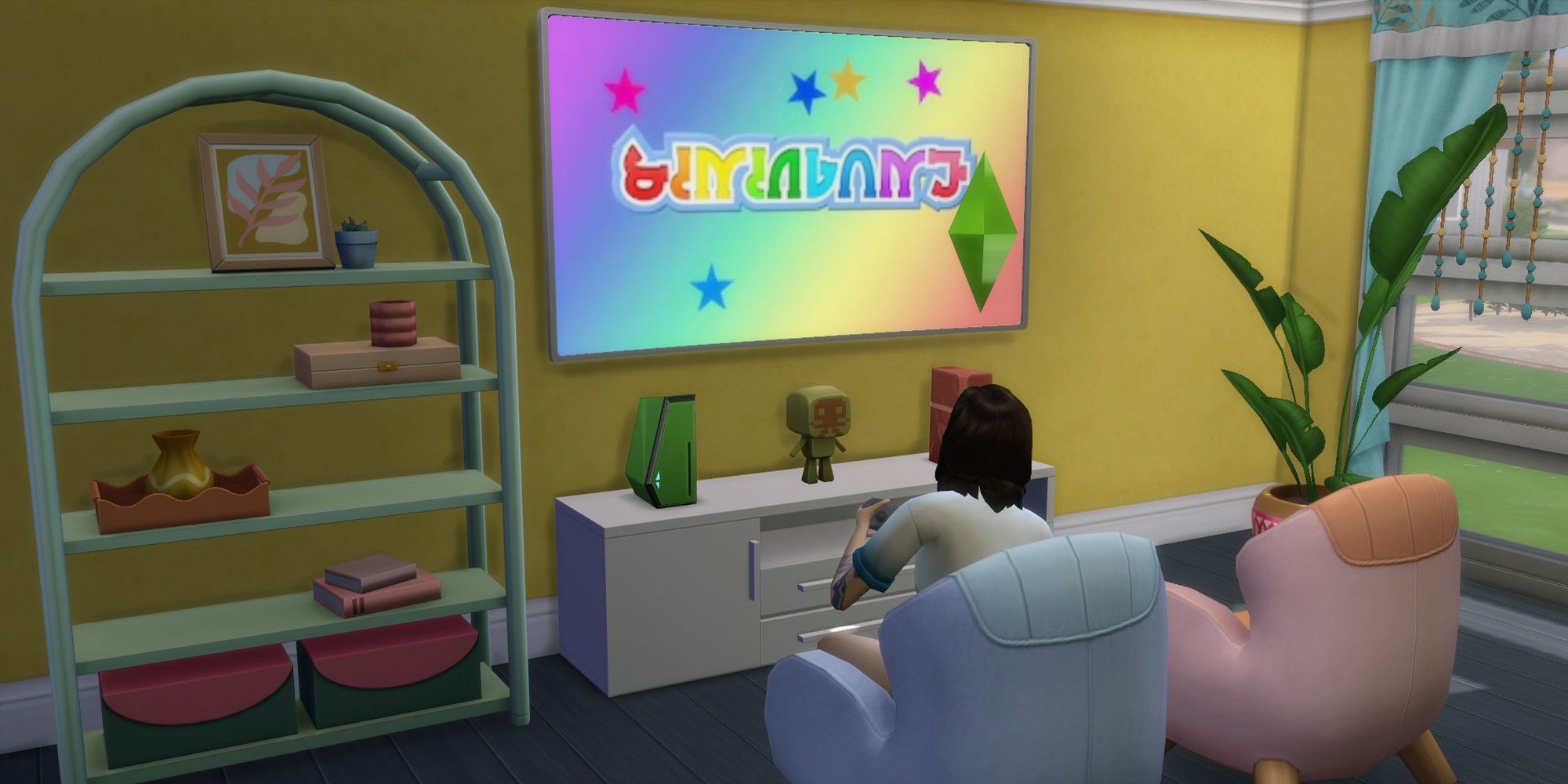 Eine Sim startet ihre Spielekonsole, die Sims 4-Videospielfähigkeit
