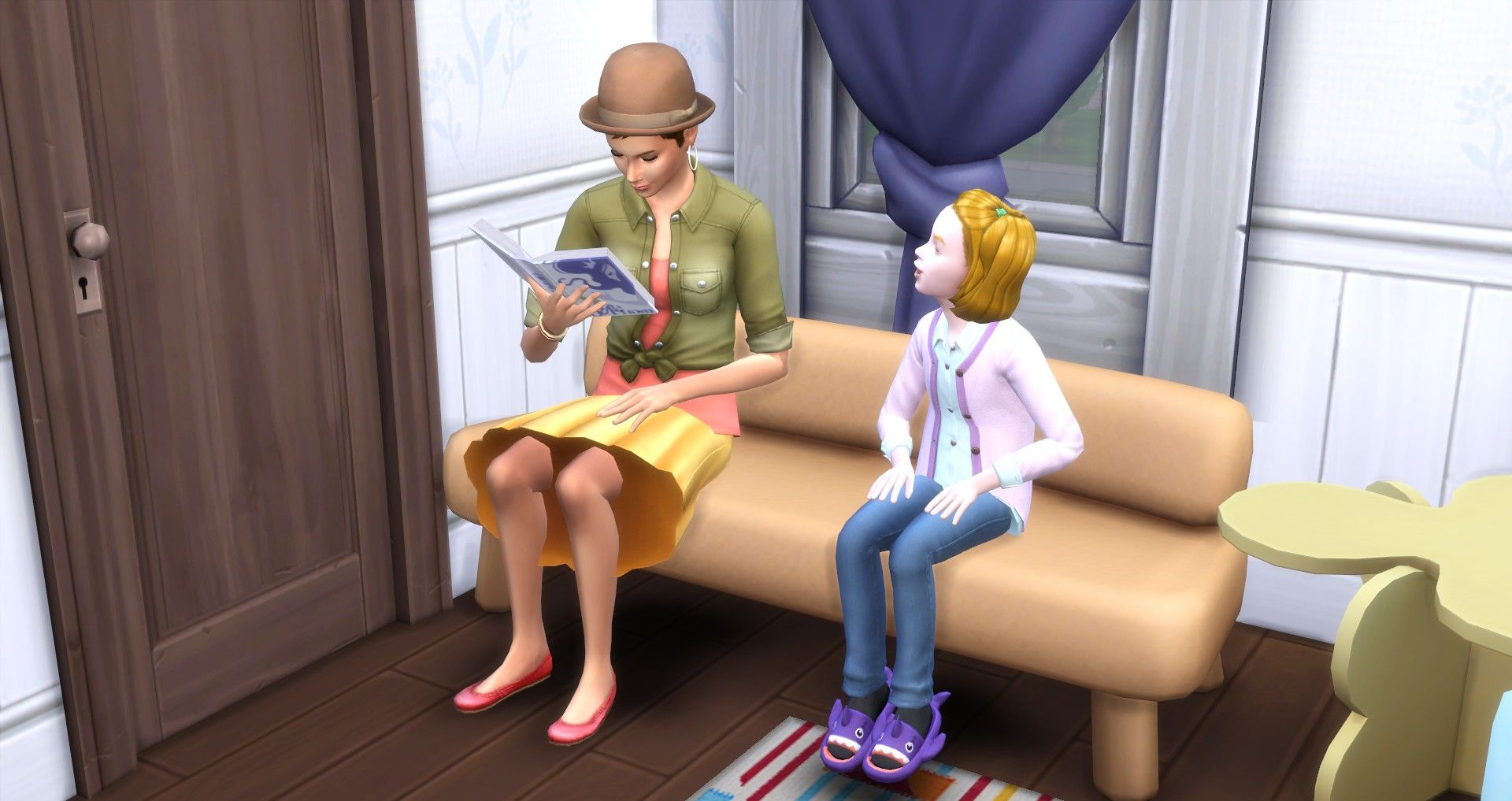 a sim reading to her daughter the sims 4 parenting skill