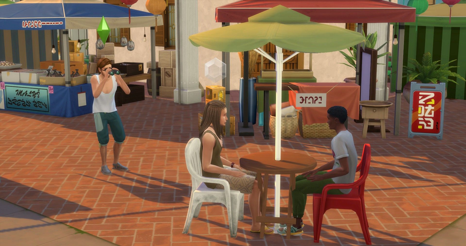 a sim spying on two sims having a conversation at the market in tomarang the sims 4 for rent seeker of secrets