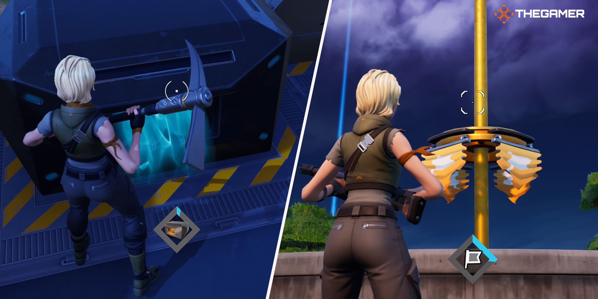 A split image of a player beside a chest and a capture point in Fortnite.