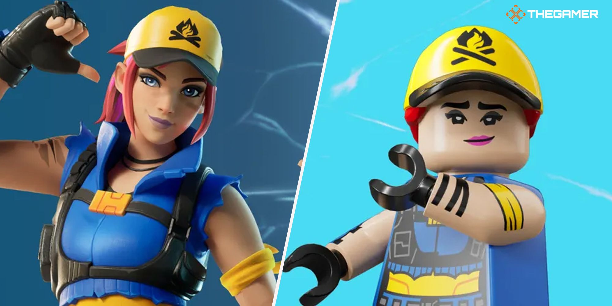 A split image of Emilie in her normal and Lego form in Fortnite.