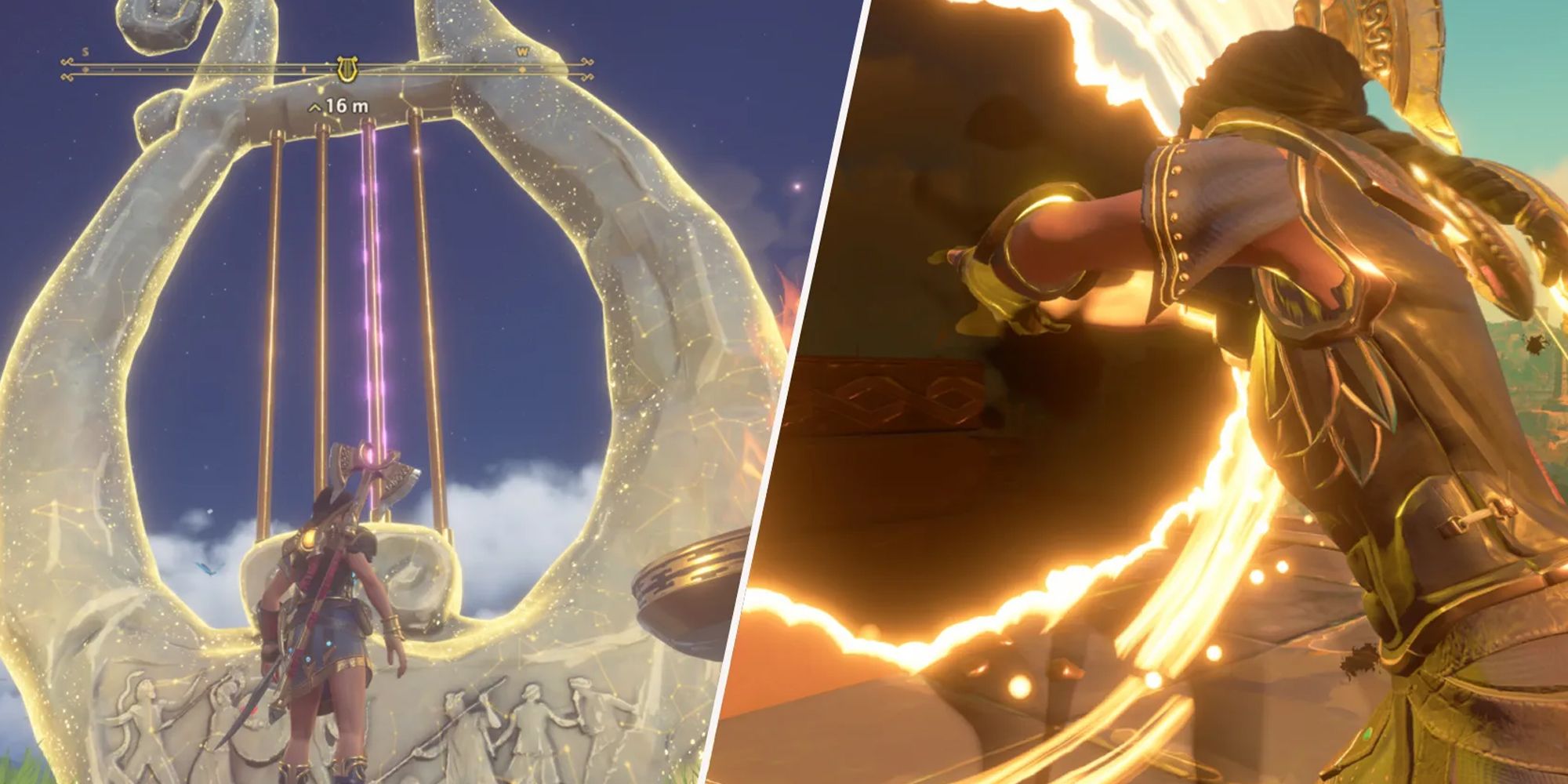 A split image of Fenyx beside a lyre and Fenyx reaching into a portal to get a reward in Immortals Fenyx Rising.