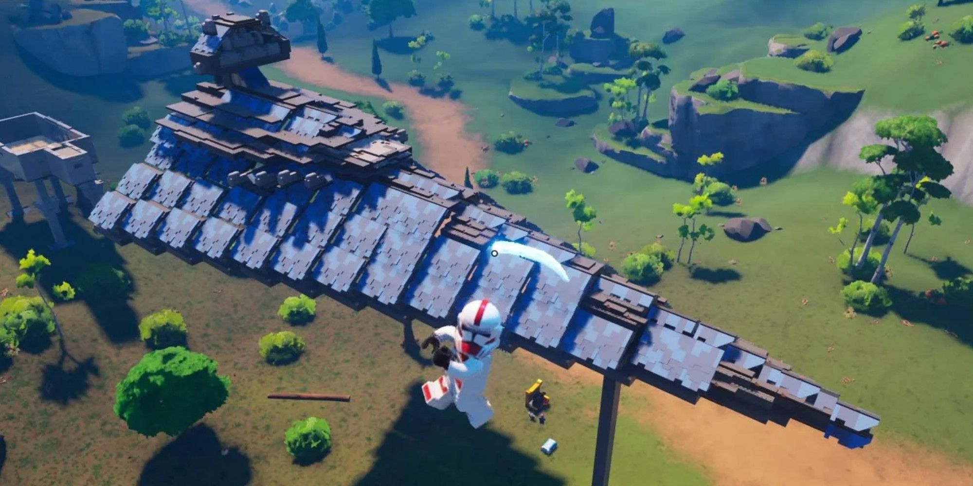 A Star Destroyer and Stormtrooper in Lego Fortnite