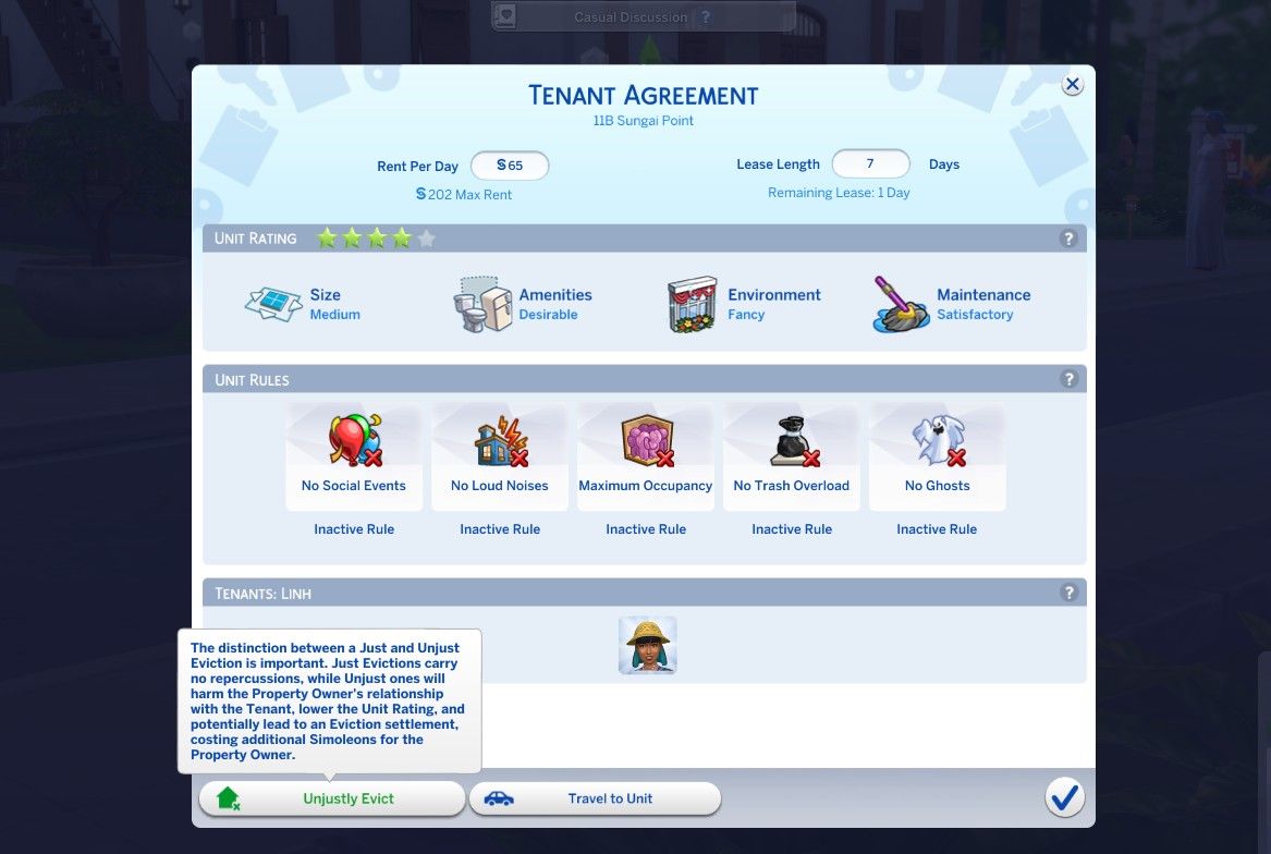 a tenant agreement highlighting the unjustly evict option the sims 4 for rent eviction