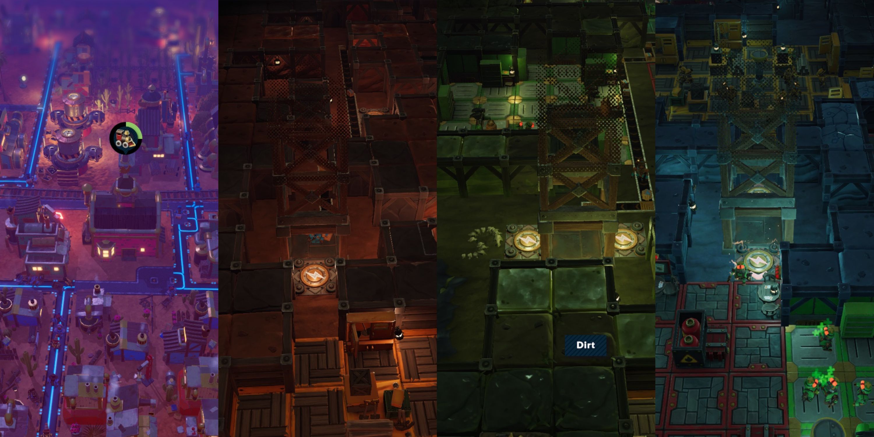 The layers of Steamworld Build. Left to right: Surface, Dusty Caverns, Marshy Ruins, Crackling Depths