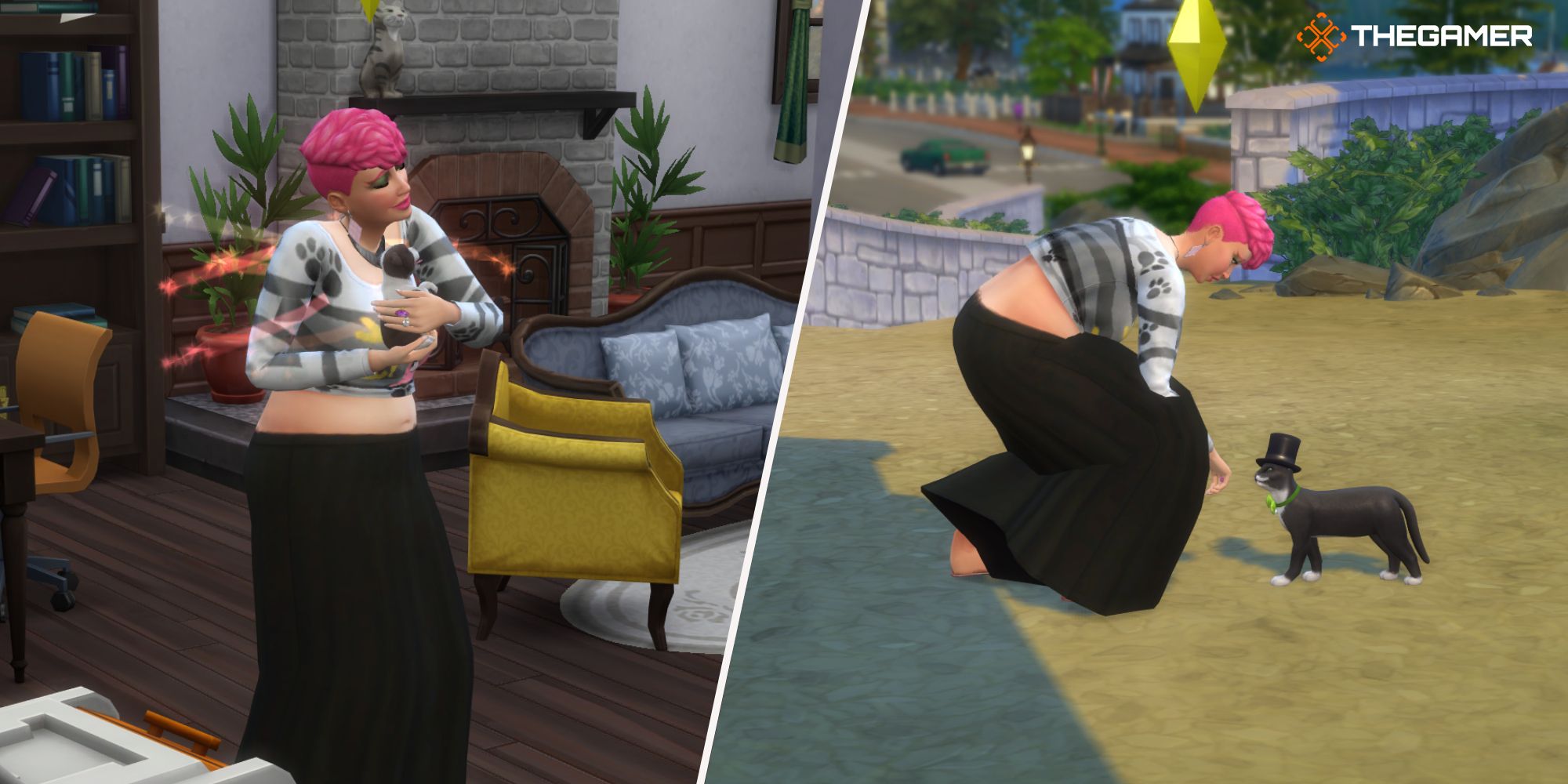 The Sims 4 Cats & Dogs: Left, holding pet after adopting it from agency, right: meeting stray black cat