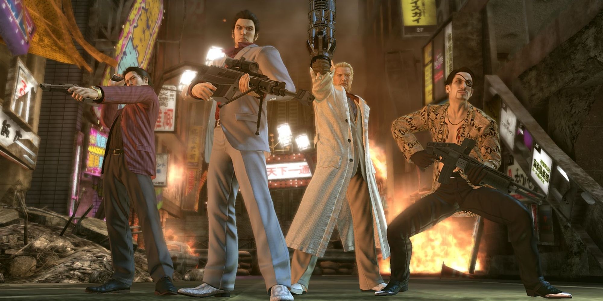 Akiyama, Kiryu, Goda, and Majima all holding guns in a destroyed Kamurocho