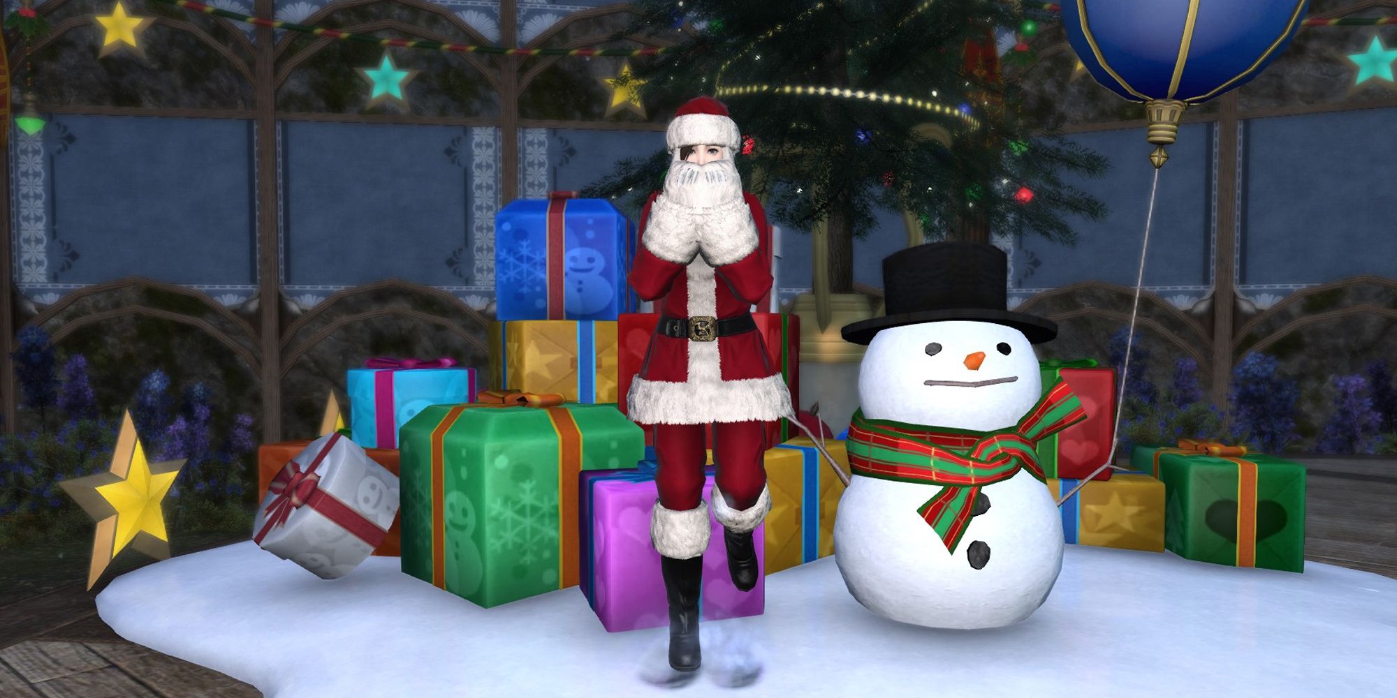 An excited player in Unorthodox Saint's gear beside a snowman in Final Fantasy 14.