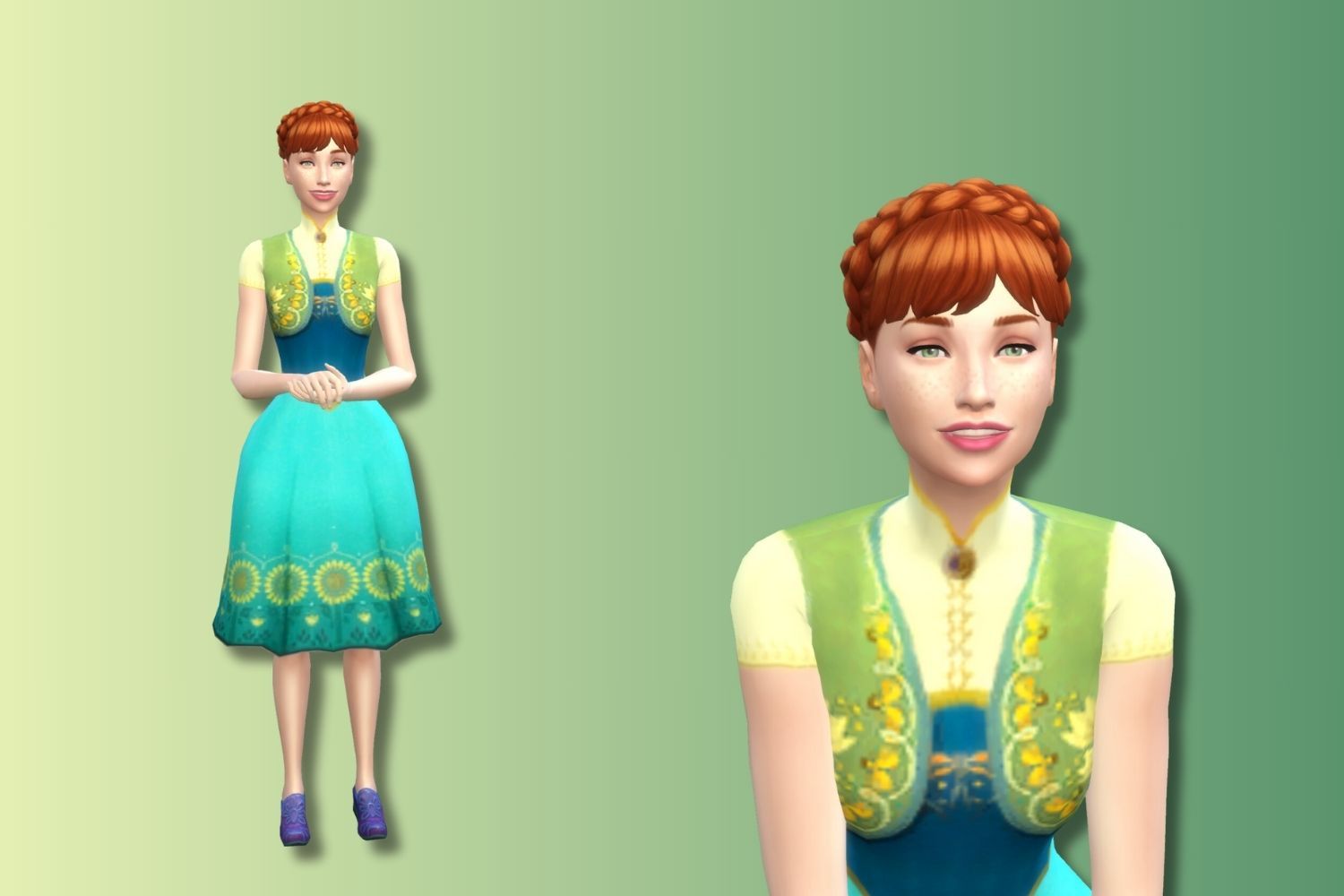 A Sim resembling Frozen's Anna is shown against a green background.