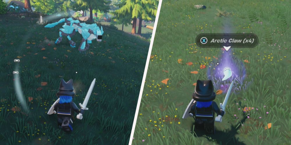 Lego Fortnite: Left: Facing off with an Arctic wolf, right: Arctic Claws on the ground, dropped by the wolf