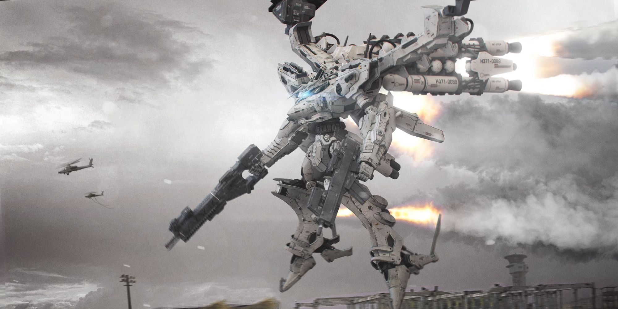 تصویر Armored Core For Answer که مکانیزم را در حال فرود نشان می دهد.