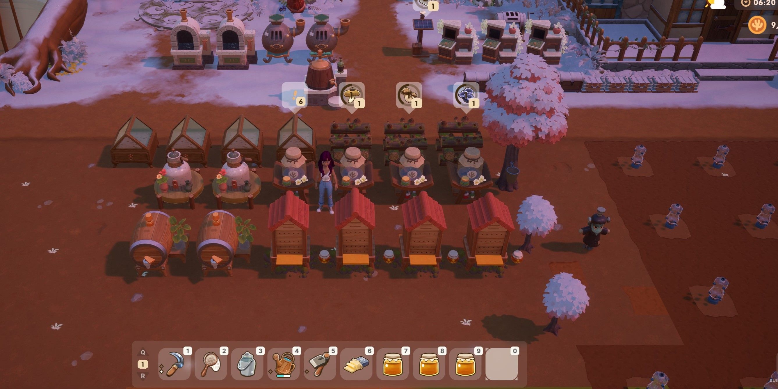 Coral Island: An image of the player character standing in front of a row of artisan machines