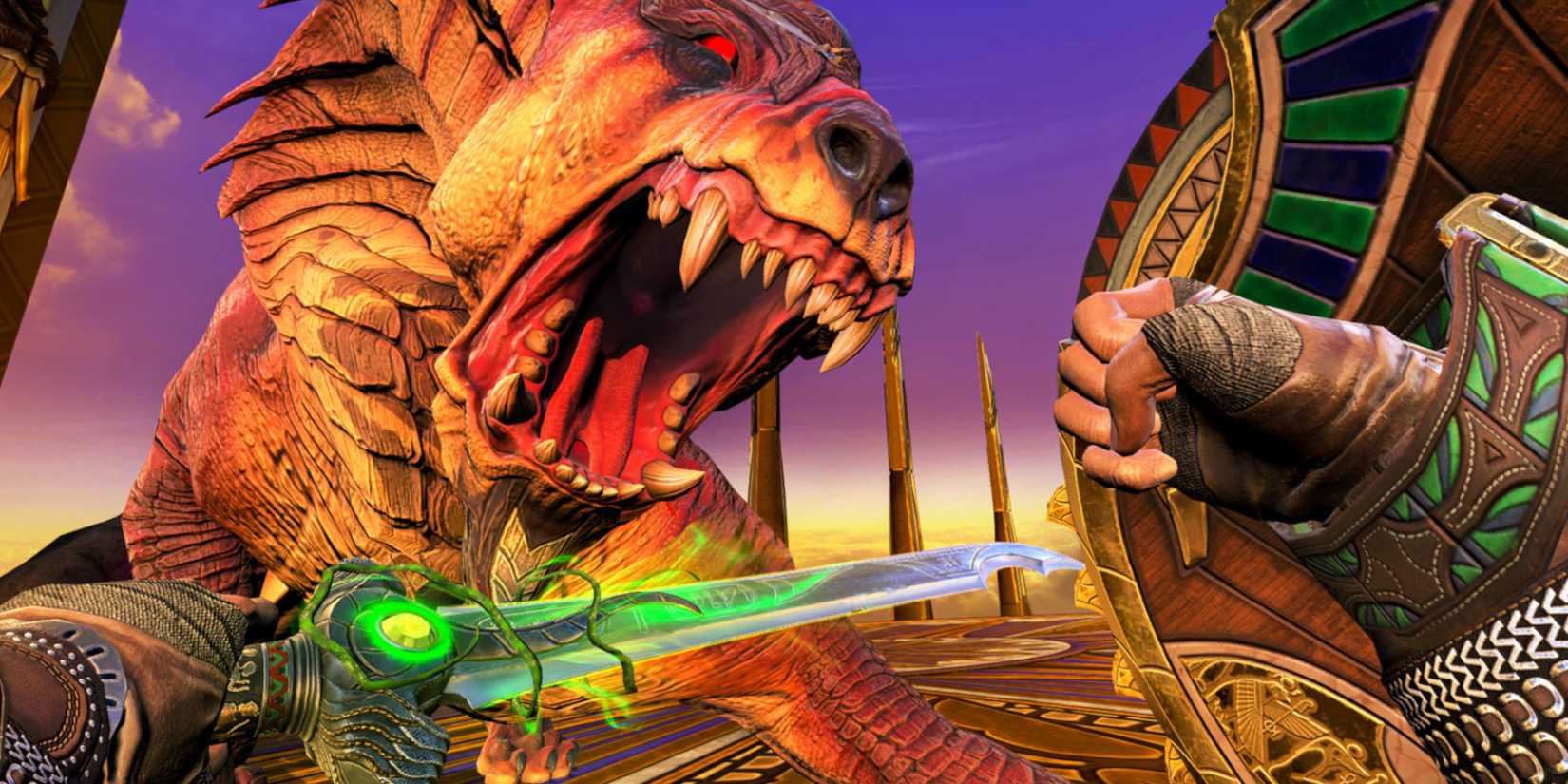The player parrying an attack from a mythological beast with a green-coated sword and shield in Asgard's Wrath 2.