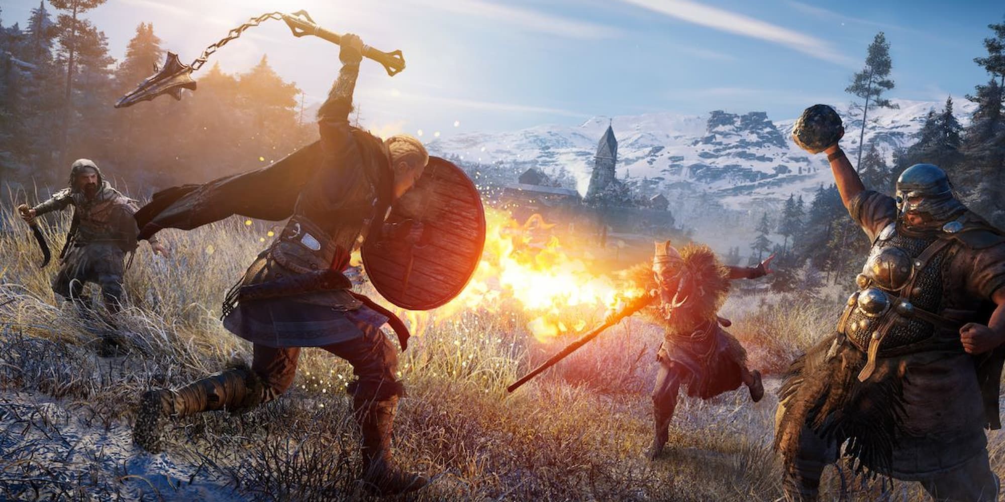 The viking warrior battles a group of raiders with a mace and shield in Assassin's Creed Valhalla.