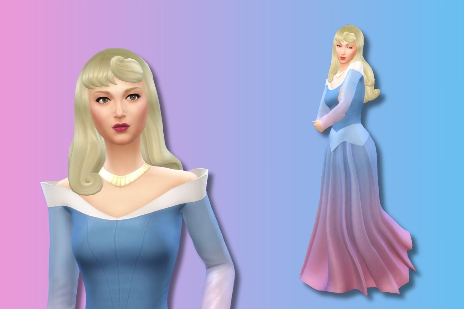 A Sim that looks like Aurora from Disney's Sleeping Beauty stands against a blue and pink background.