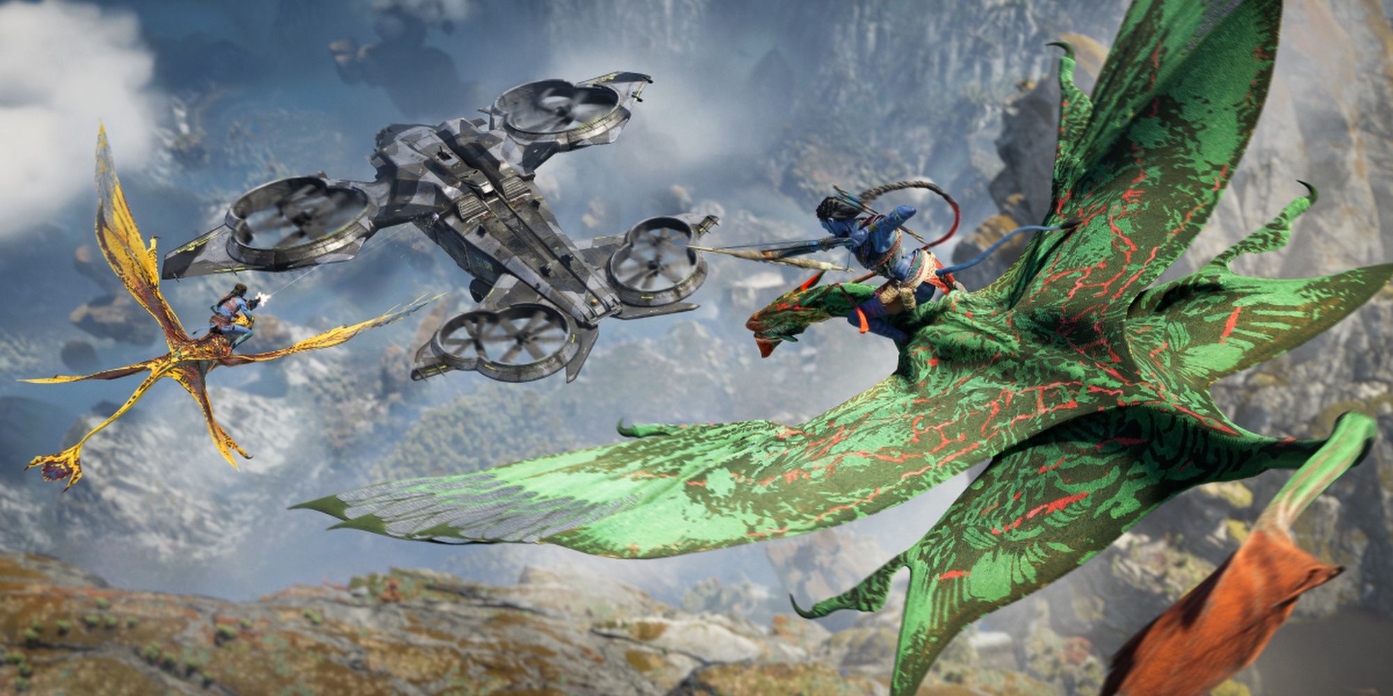 Avatar: Frontiers Of Pandora - Na'Vi Sky Warriors Assaulting An RDA Gunship