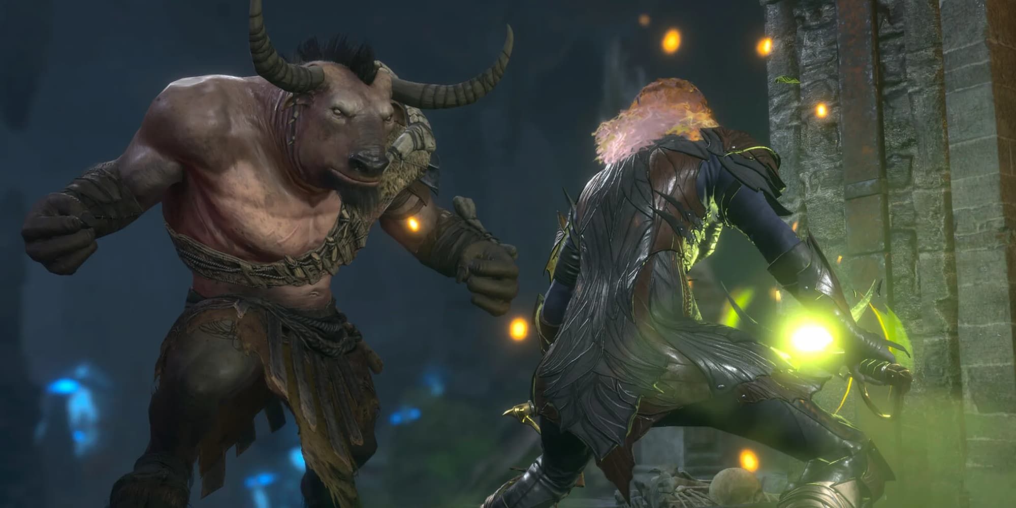 A spellcaster gets ready to attack a charging minotaur-like creature in Baldur's Gate 3.