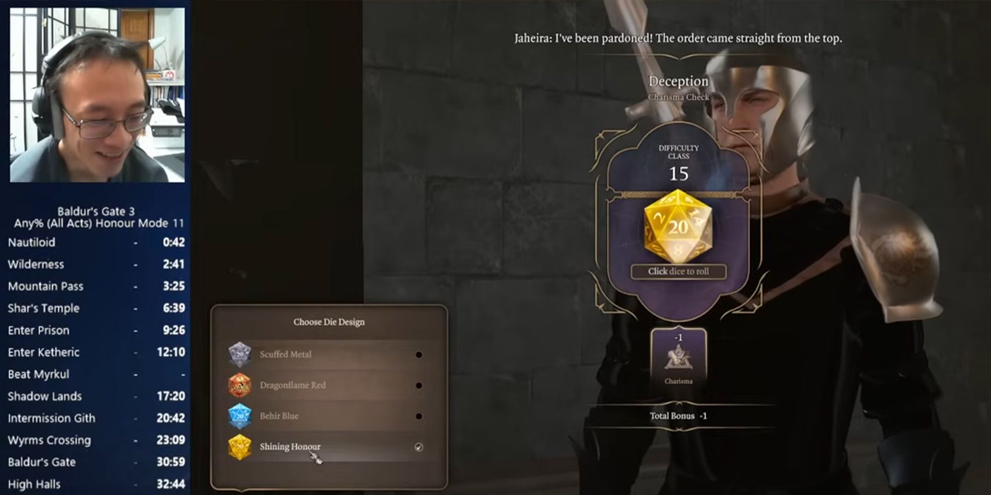 Baldur's Gate 3 speedrunner showing off new Shining Honour golden dice for beating Honour mode