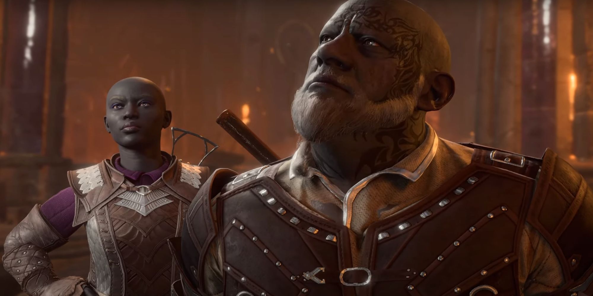 A cutscene showing two short, Duergar dwarves with shaved heads, leather armor, and dark skin.