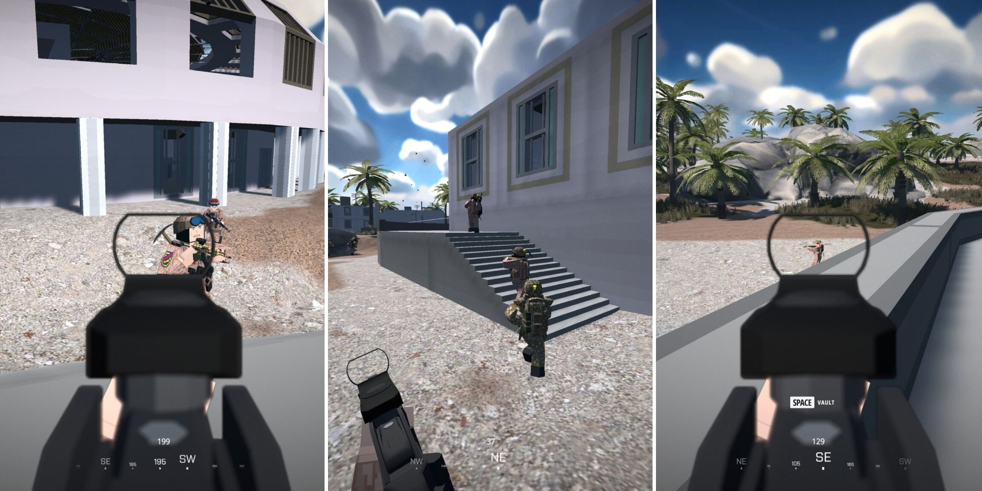 A three-panel image from BattleBit Remastered showing the player aimed down at two players and running behind three.