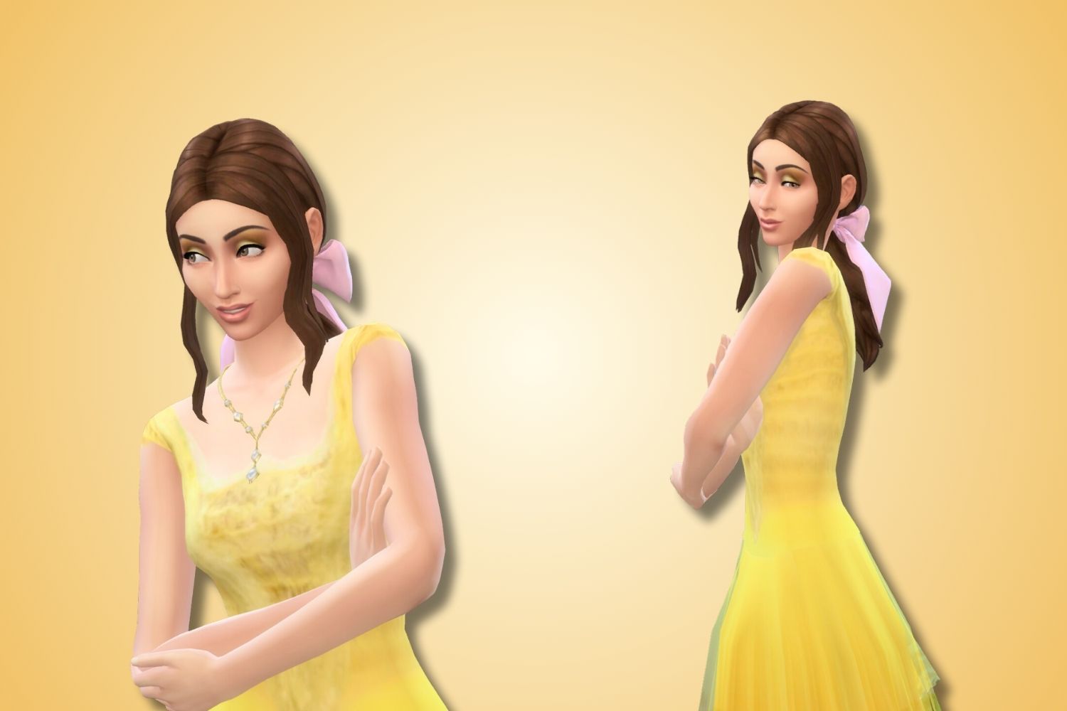 A Sim that looks like Beauty and the Beast's Belle is standing against a yellow background.